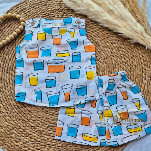 Colourful cups block printed cotton Coord Set (0-3years) - Unisex - Sokkaai