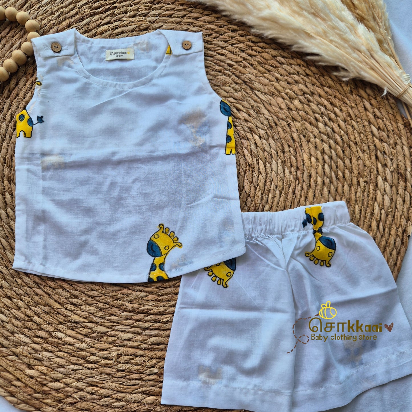 Giraffe block printed cotton Coord Set (0-3years) - Unisex - Sokkaai