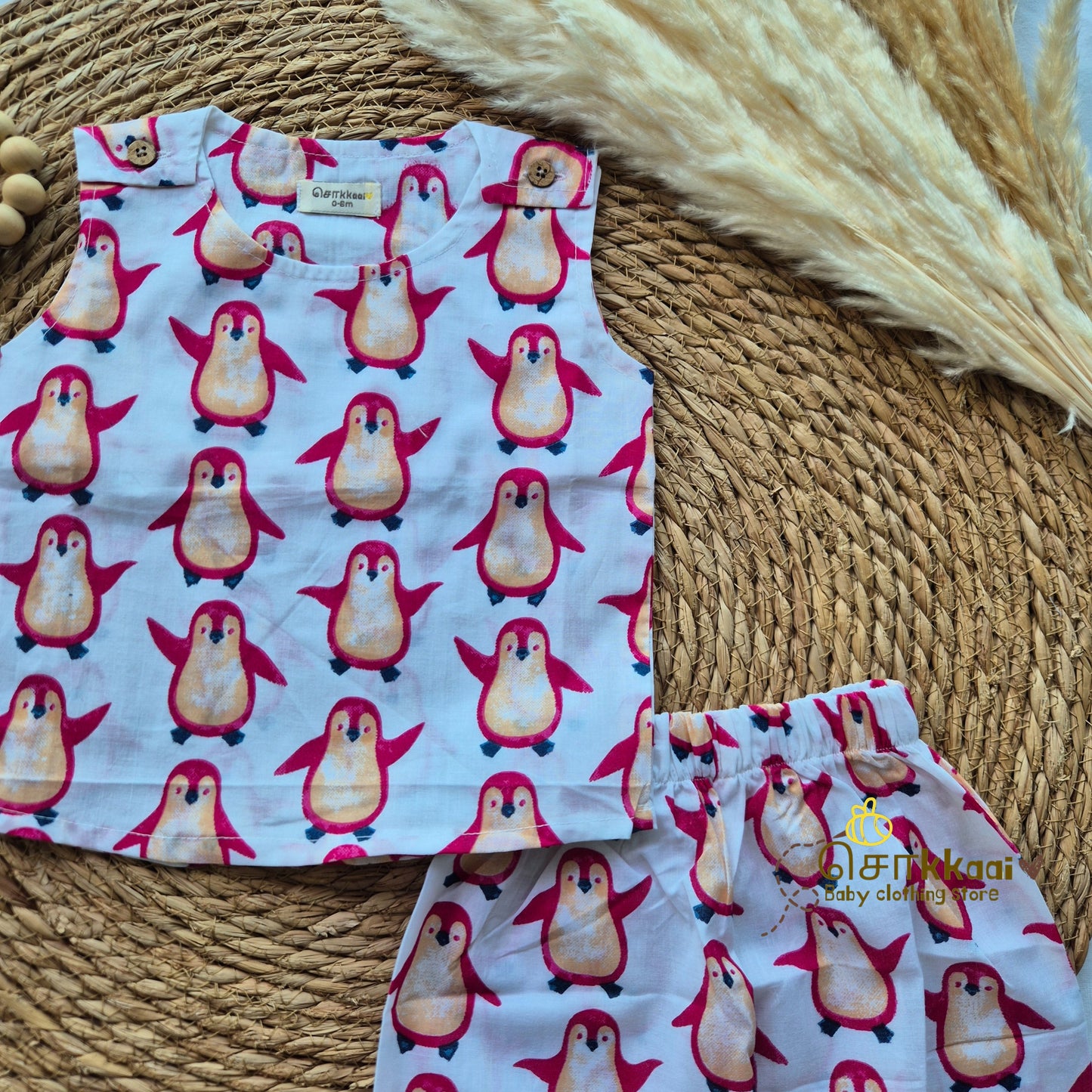 Penguin block printed cotton Coord Set (0-3years) - Unisex - Sokkaai