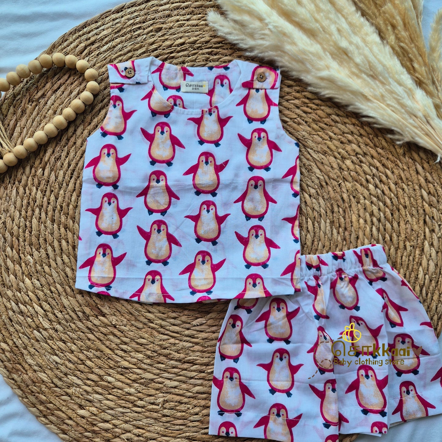 Penguin block printed cotton Coord Set (0-3years) - Unisex - Sokkaai