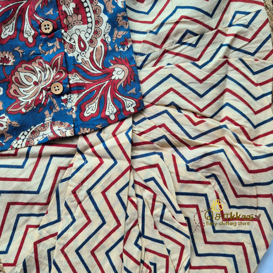 Red blue blossom cotton kids dhoti set (0-5yrs) - Sokkaai