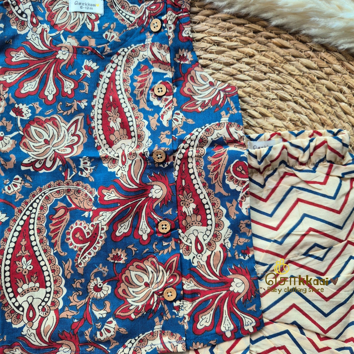 Red blue blossom cotton kids dhoti set (0-5yrs) - Sokkaai