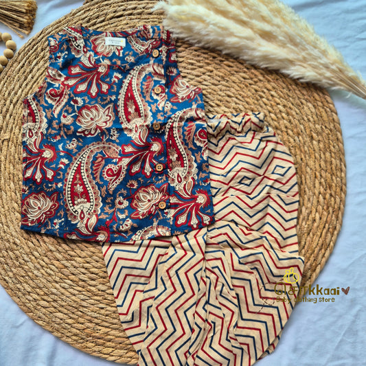 Red blue blossom cotton kids dhoti set (0-5yrs) - Sokkaai