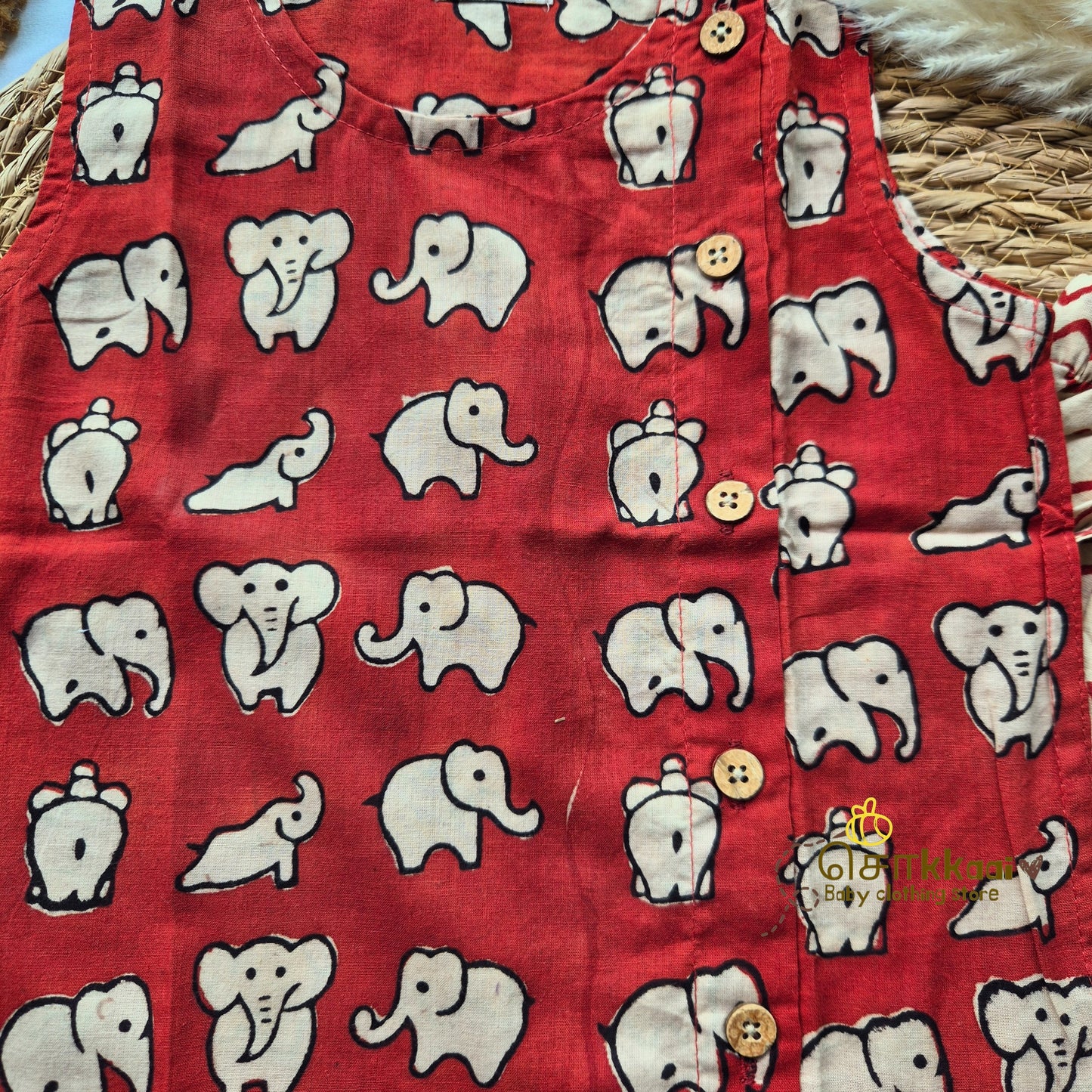 Red elephant hand block cotton kids dhoti set (0-5yrs) - Sokkaai