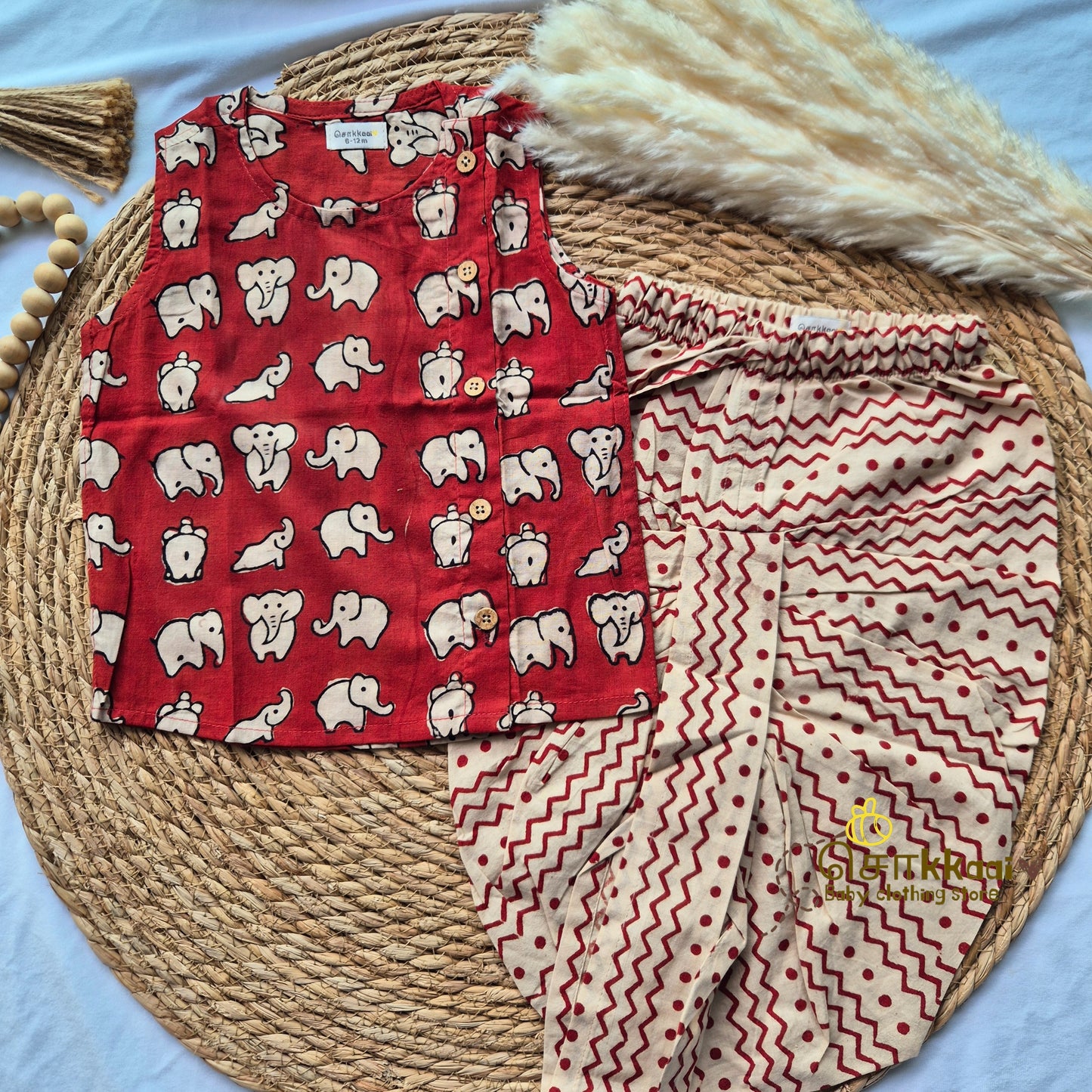 Red elephant hand block cotton kids dhoti set (0-5yrs) - Sokkaai