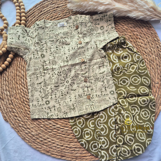 Olive green Village tale Cotton Kids dhoti set (0-3yrs) - Sokkaai