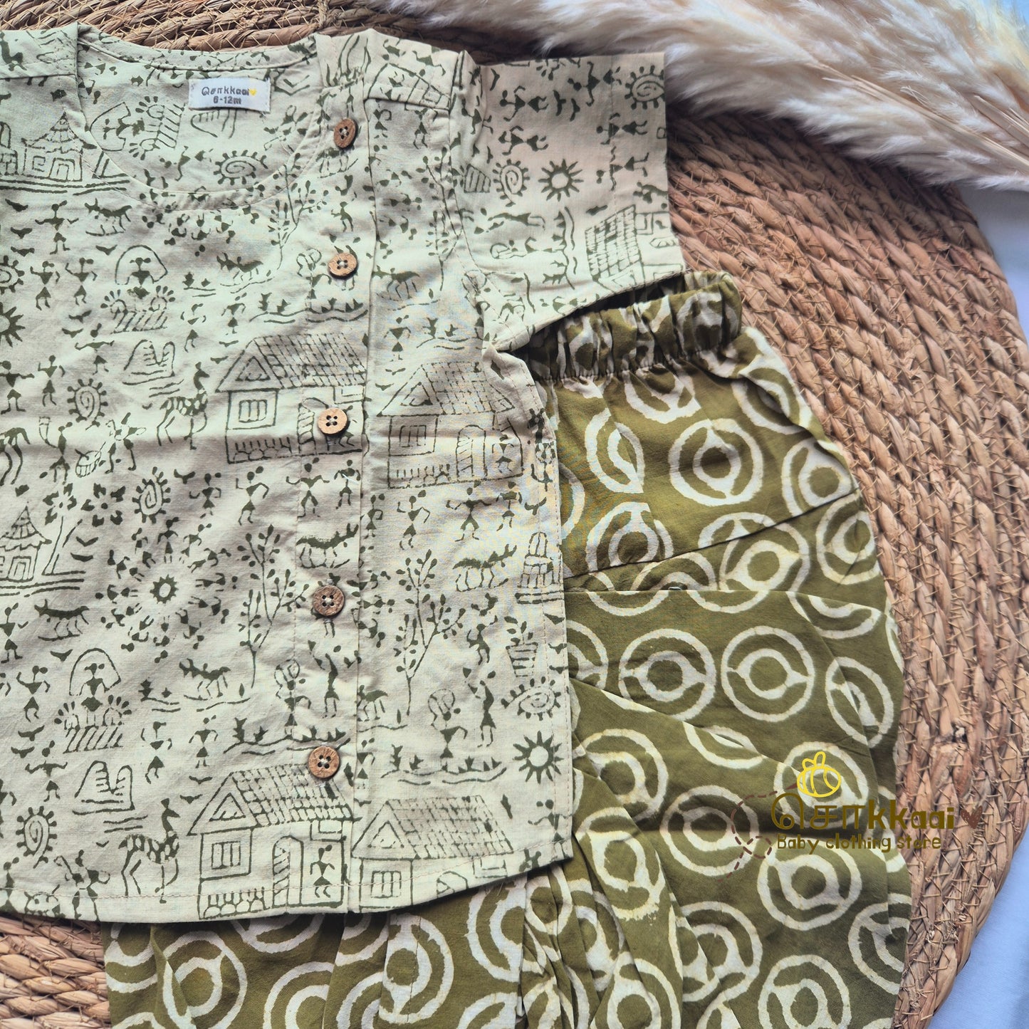 Olive green Village tale Cotton Kids dhoti set (0-3yrs) - Sokkaai