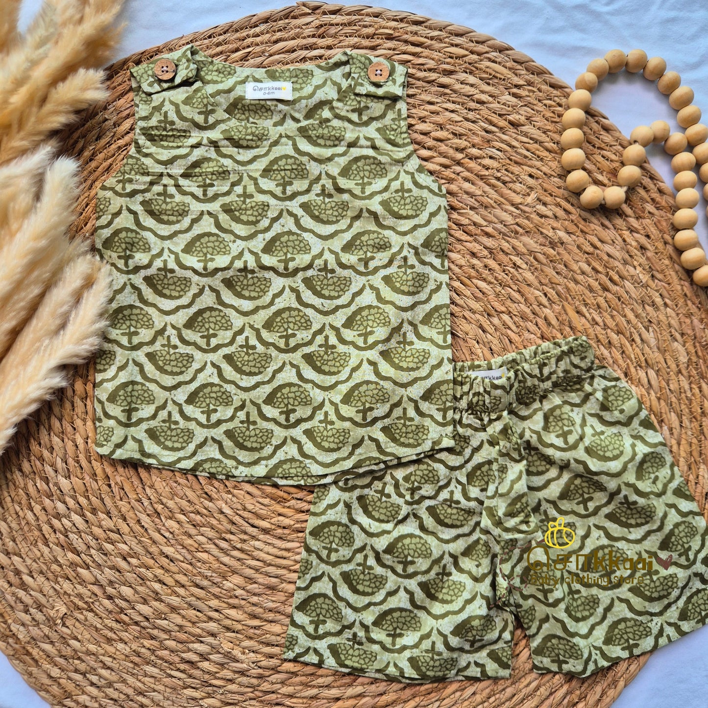 Green Tree Motif Cotton Coord Set (0-3years) - Unisex - Sokkaai