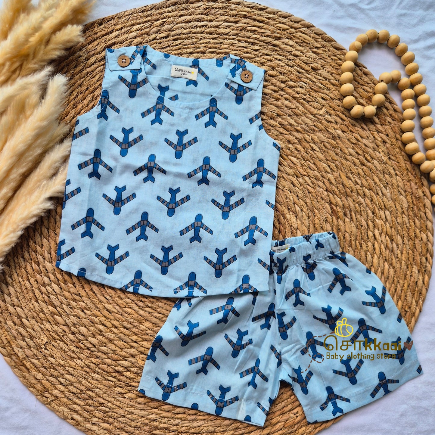 Blue Airplane Cotton Coord Set (0-3years) - Unisex - Sokkaai