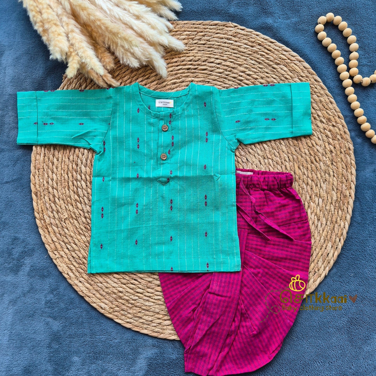 Turquoise & Magenta Cotton Kids Dhoti Set (0-5yrs) - Sokkaai