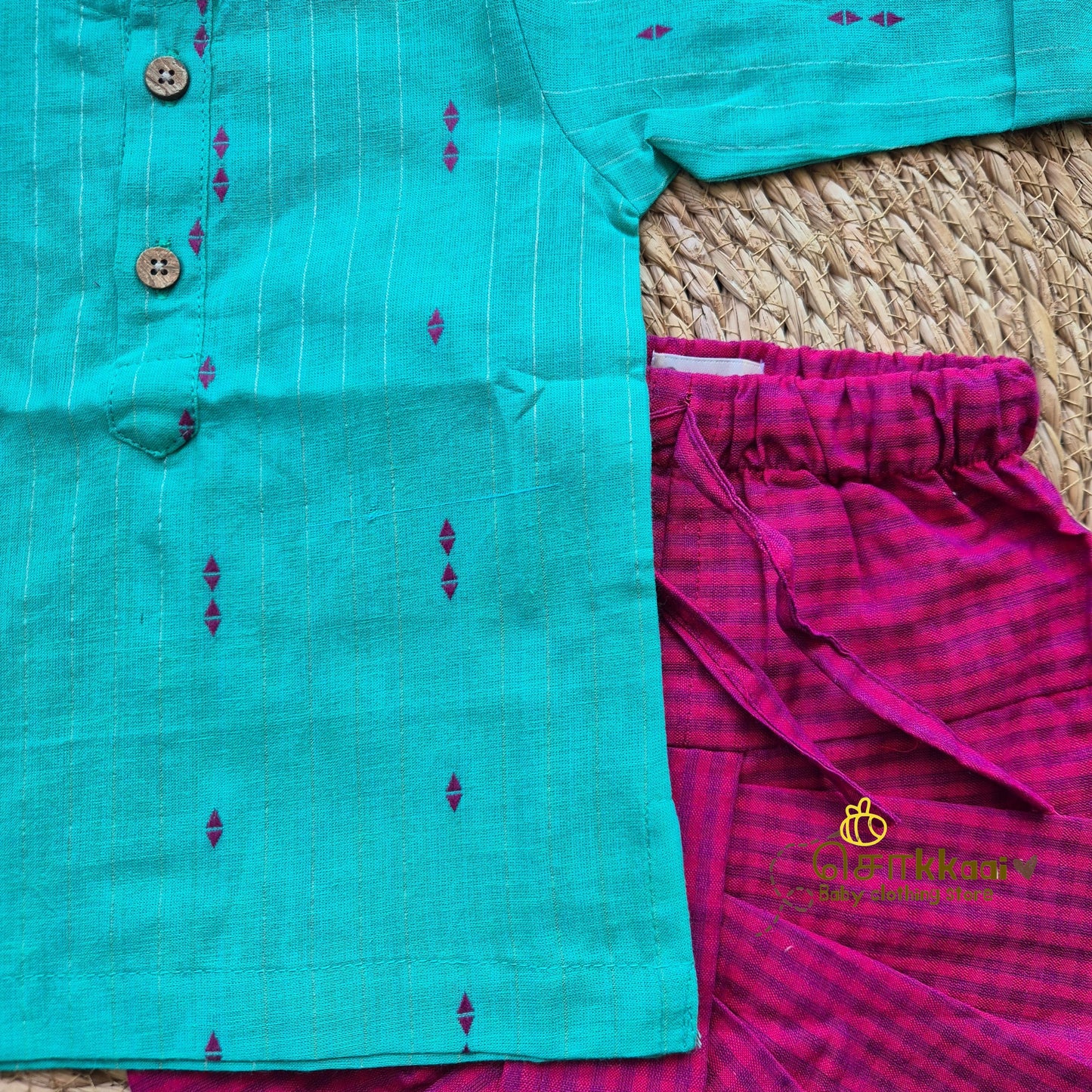 Turquoise & Magenta Cotton Kids Dhoti Set (0-5yrs) - Sokkaai