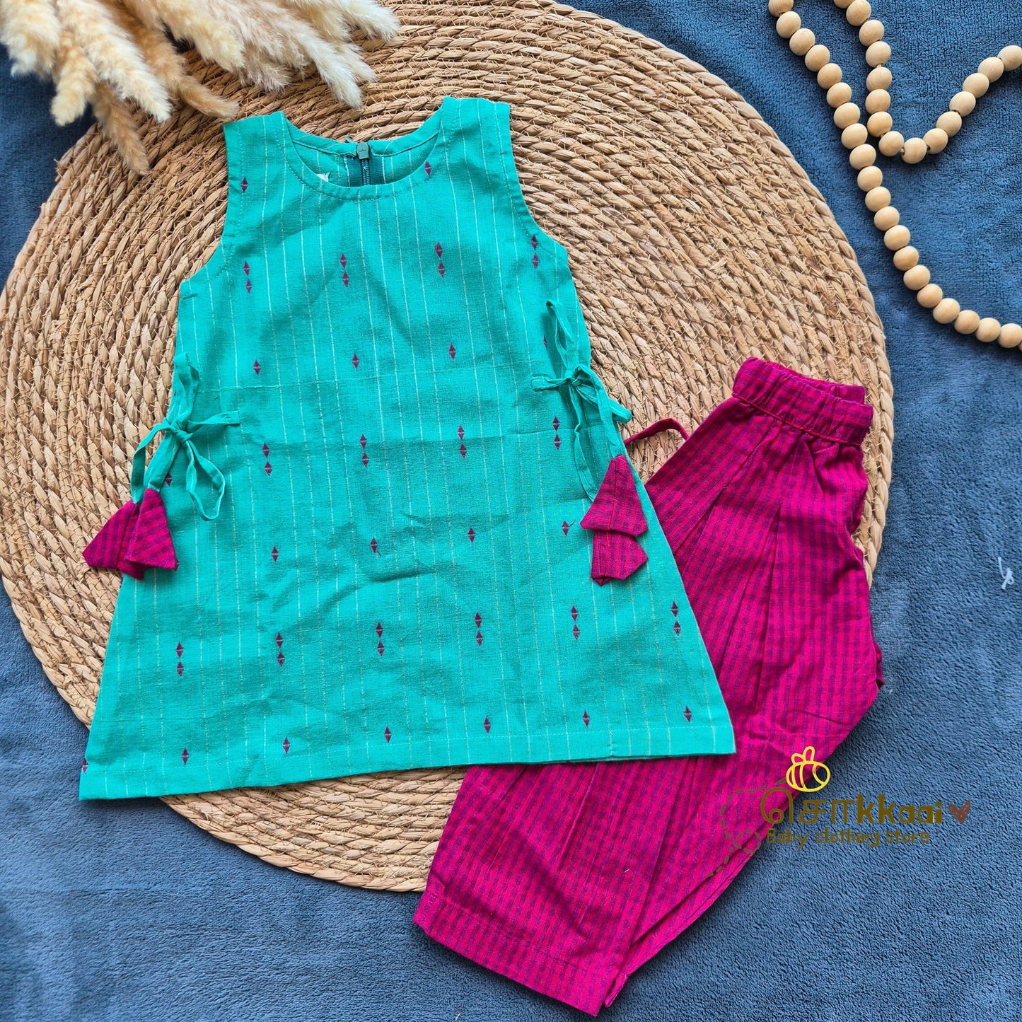 Turquoise & Magenta Cotton Kurti-Pattiyala Set Girl(6m-6years) - Sokkaai