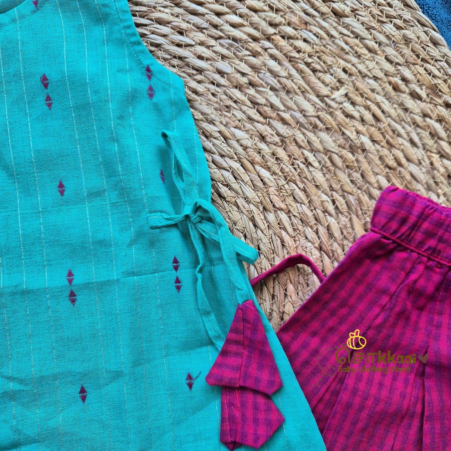Turquoise & Magenta Cotton Kurti-Pattiyala Set Girl(6m-6years) - Sokkaai