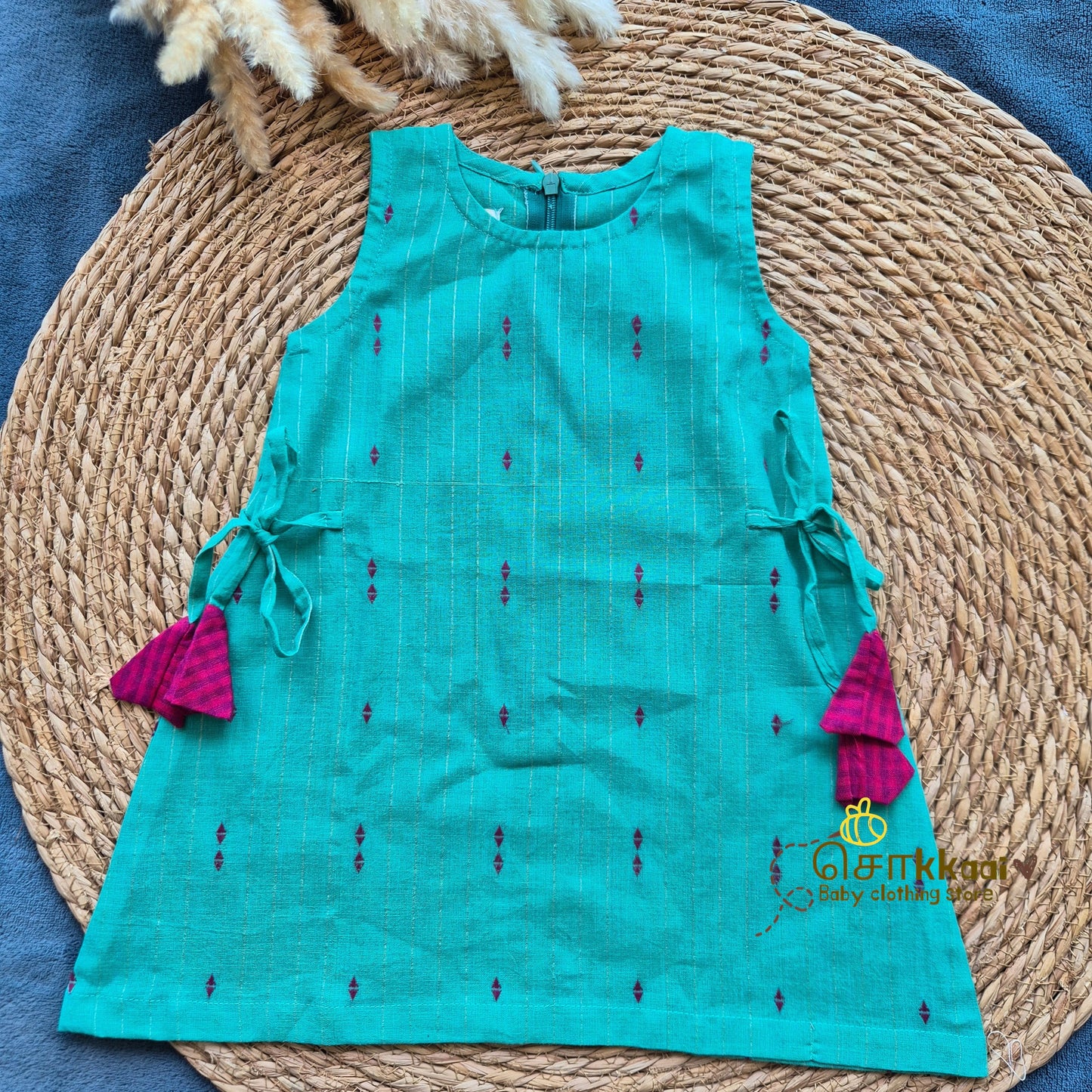 Turquoise & Magenta Cotton Kurti-Pattiyala Set Girl(6m-6years) - Sokkaai