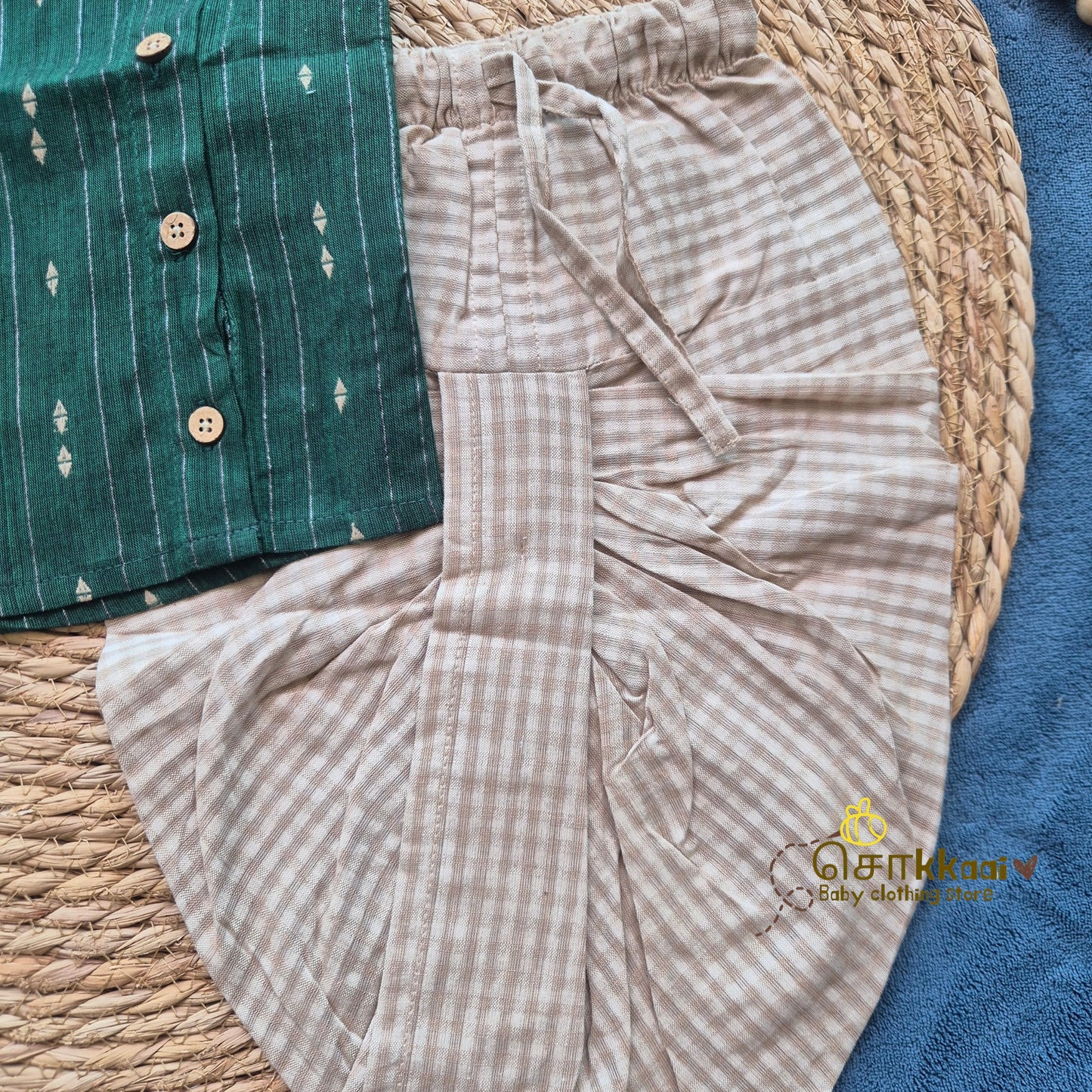 Bottle Green & Beige Cotton Kids Dhoti Set (0-5yrs) - Sokkaai