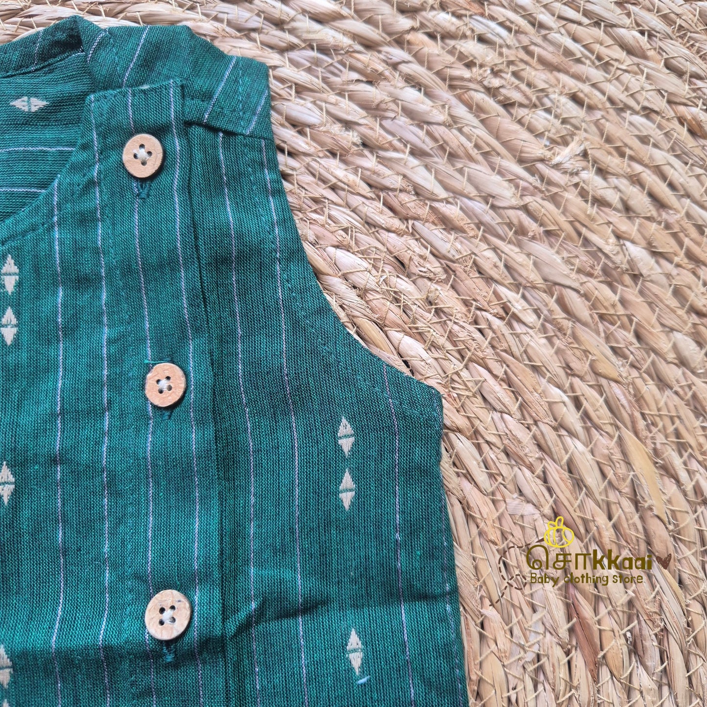 Bottle Green & Beige side button sleeveless top (0-5years) - Sokkaai