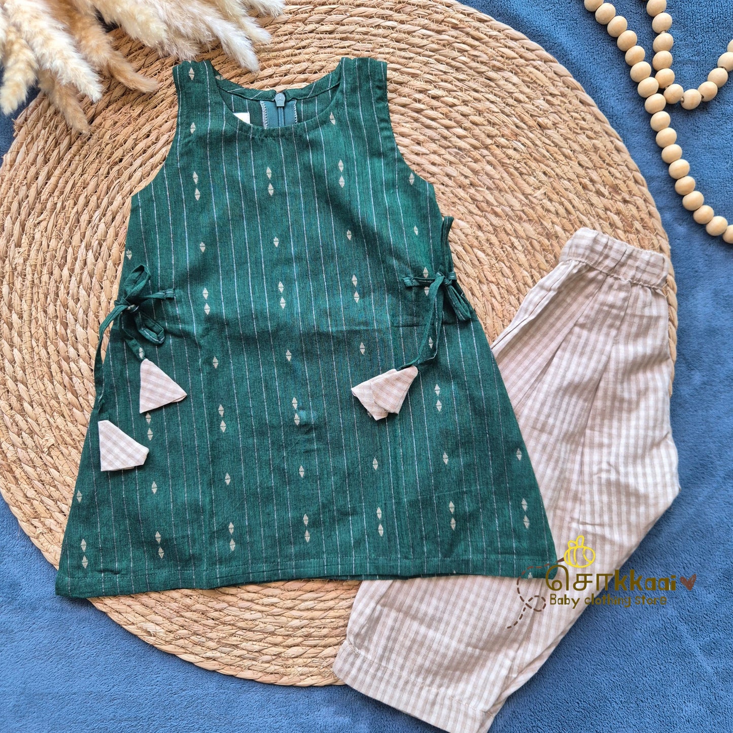 Bottle Green & Beige Cotton Kurti-Pattiyala Set Girl(6m-6years) - Sokkaai