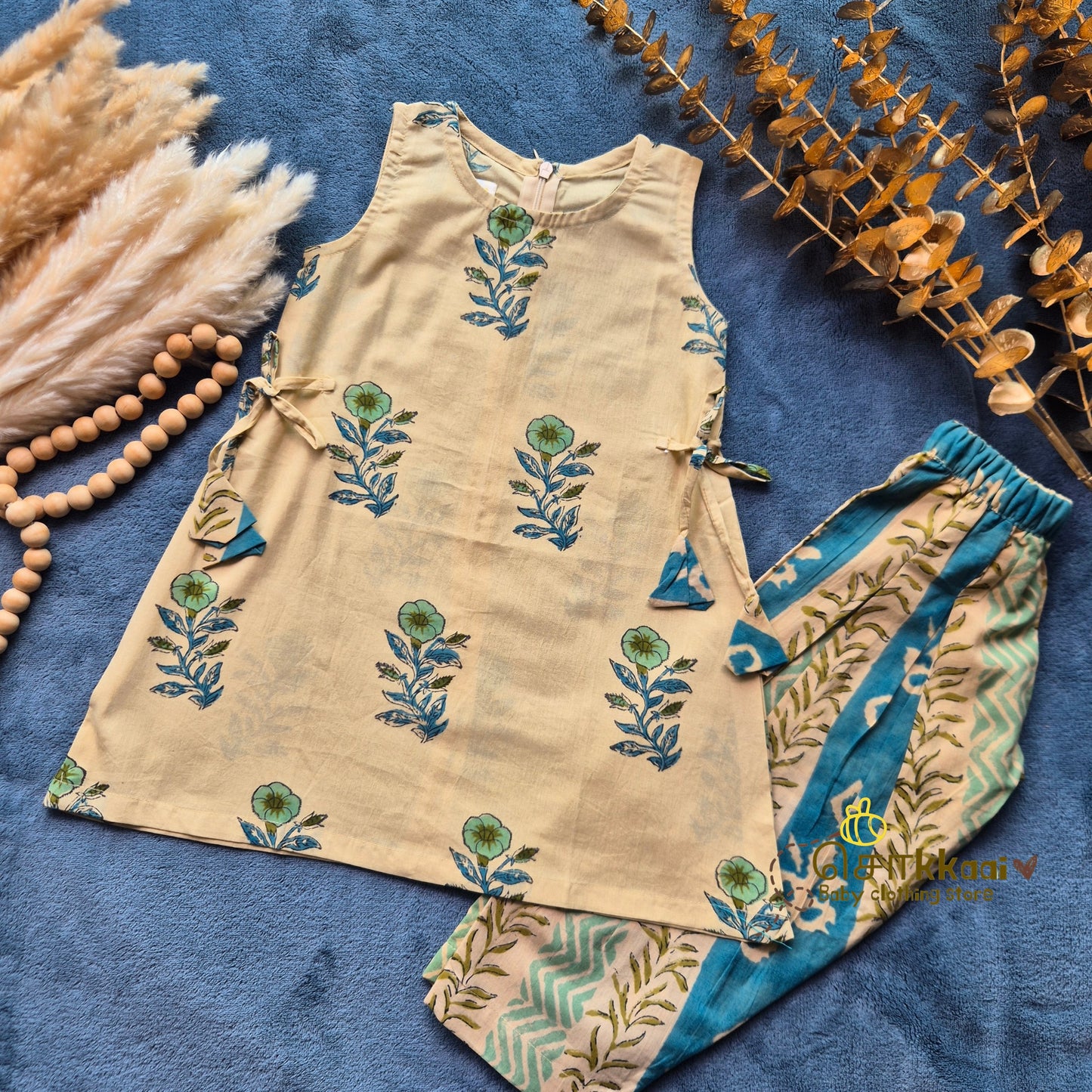 Teal Floral Bel Cotton Kurti-Pattiyala Set Girl(6m-6years) - Sokkaai