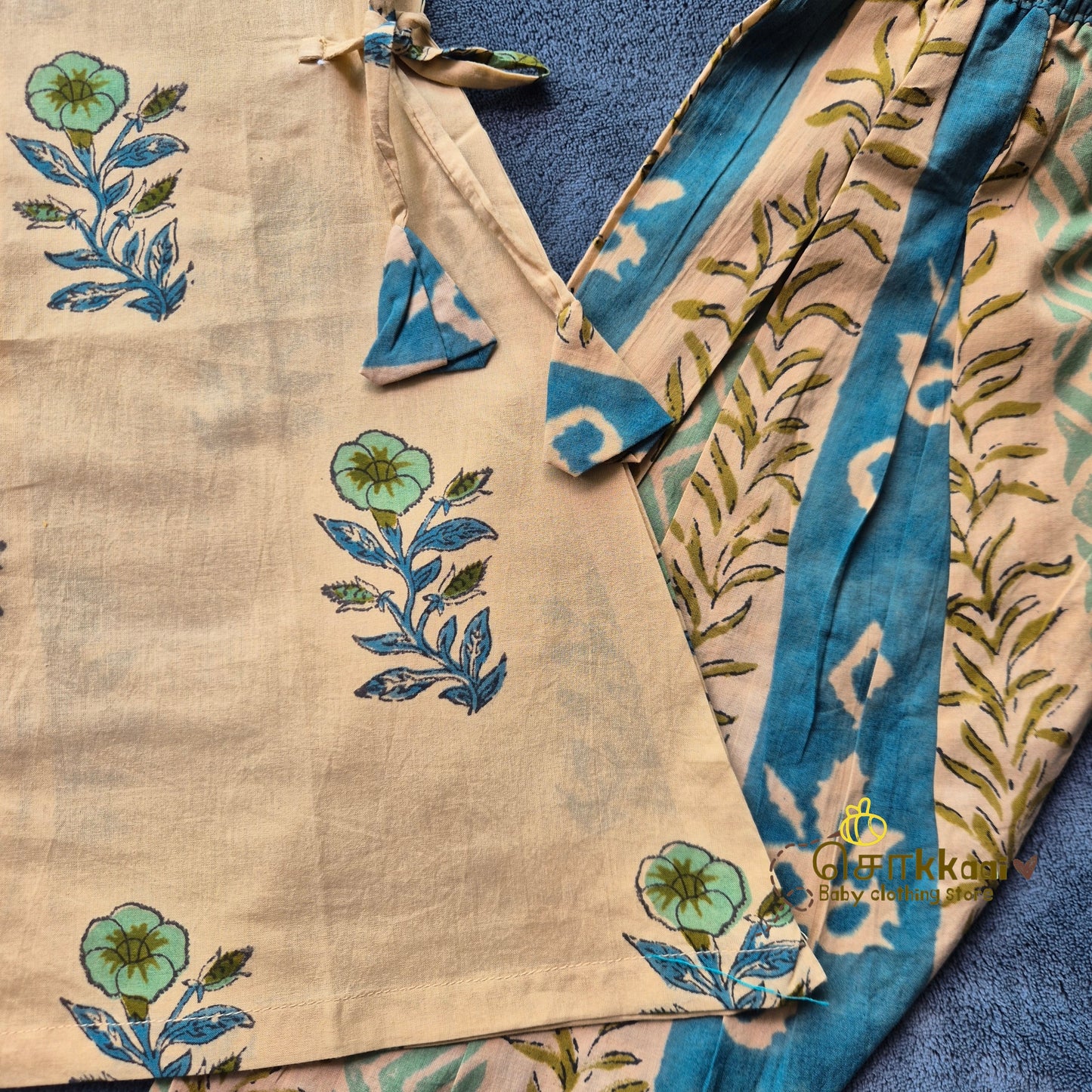 Teal Floral Bel Cotton Kurti-Pattiyala Set Girl(6m-6years) - Sokkaai