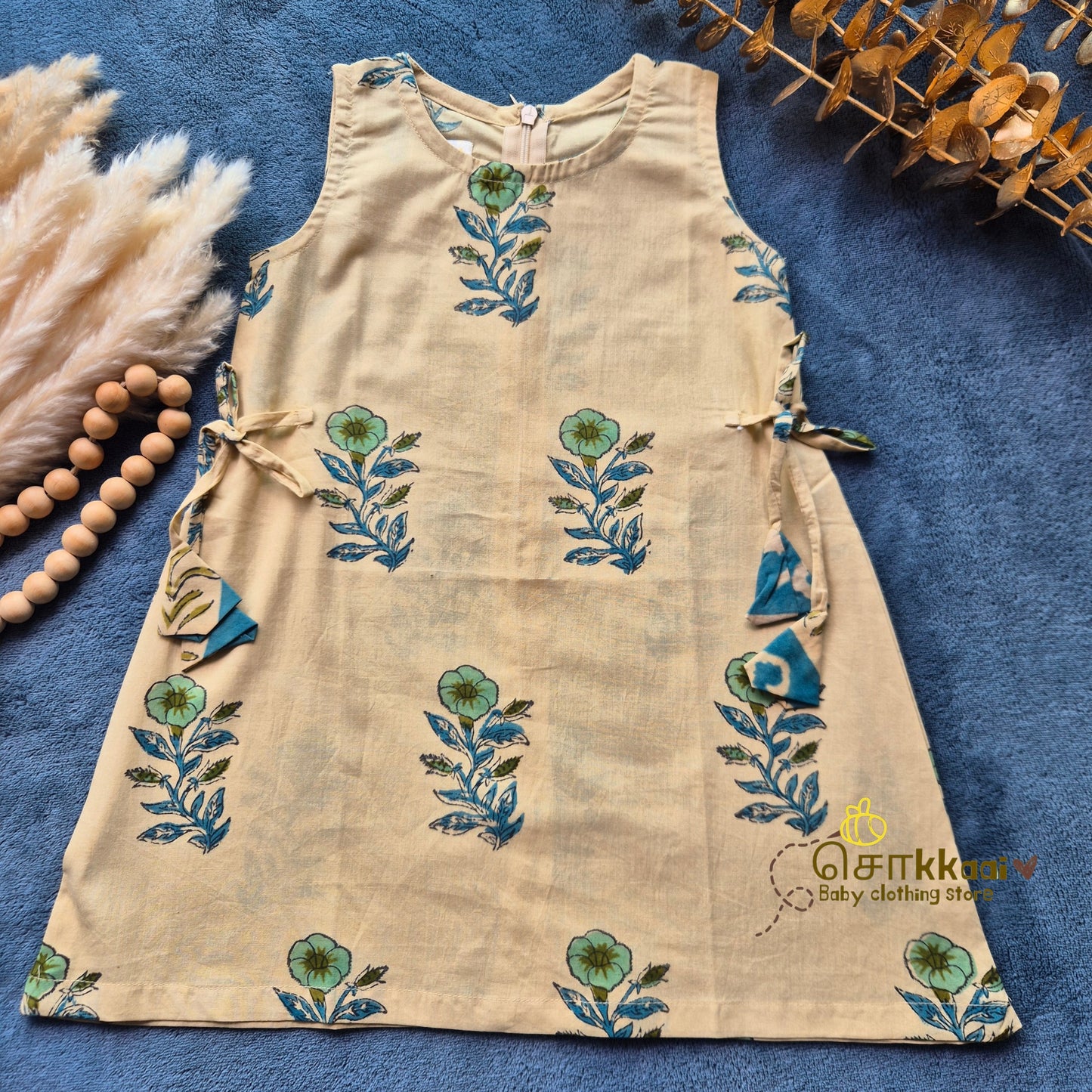 Teal Floral Bel Cotton Kurti-Pattiyala Set Girl(6m-6years) - Sokkaai