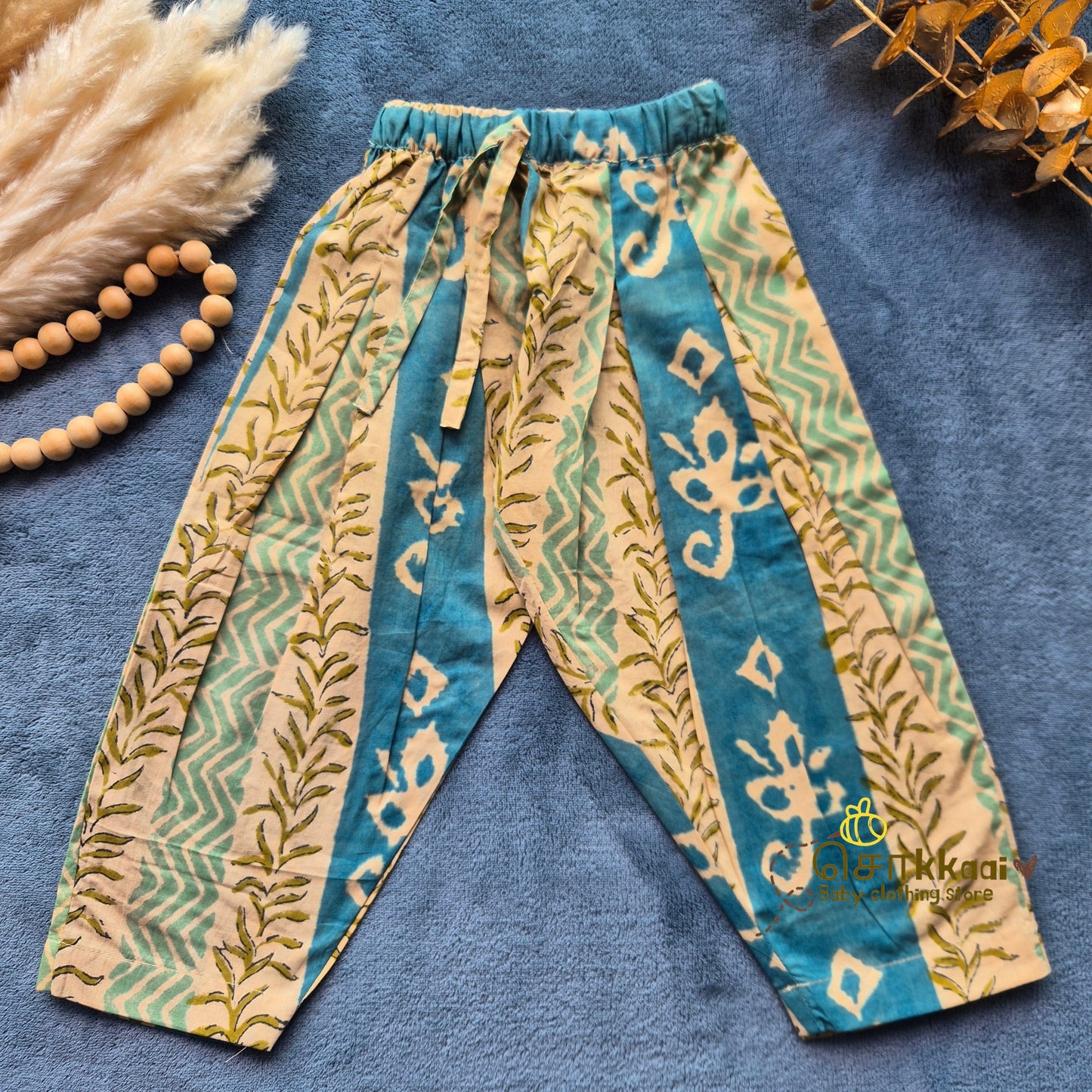 Teal Floral Bel Cotton Kurti-Pattiyala Set Girl(6m-6years) - Sokkaai