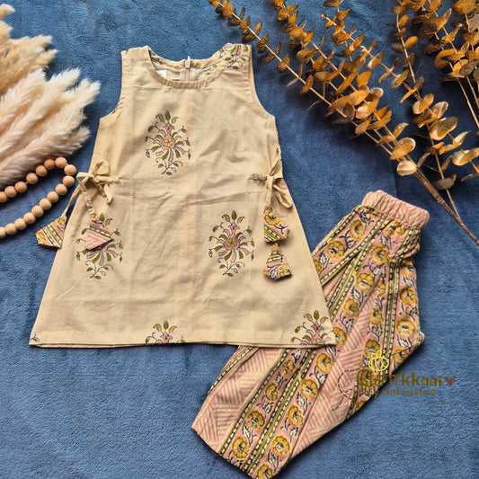 Pink Gulabi Floral Bel Cotton Kurti-Pattiyala Set Girl(6m-6years) - Sokkaai