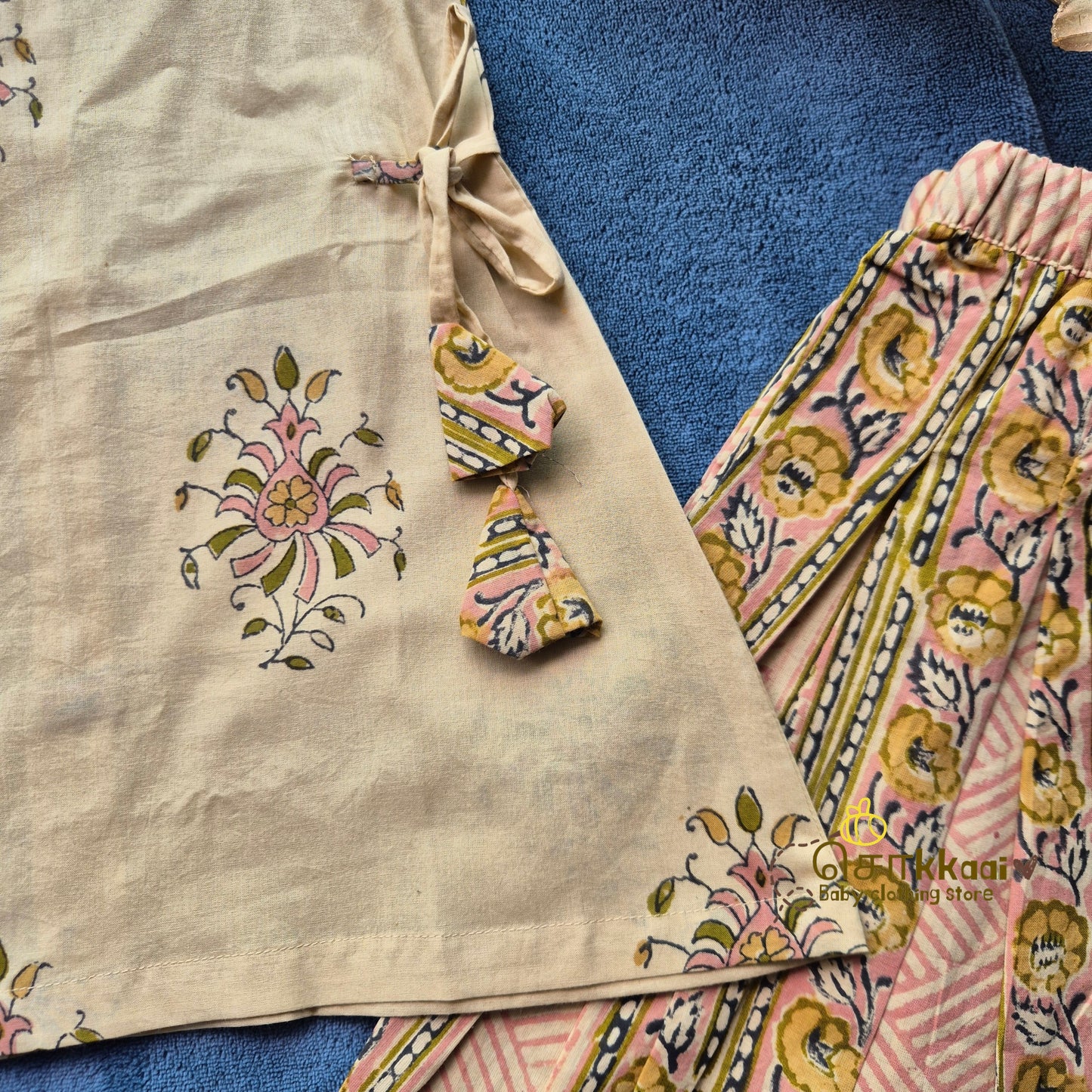 Pink Gulabi Floral Bel Cotton Kurti-Pattiyala Set Girl(6m-6years) - Sokkaai