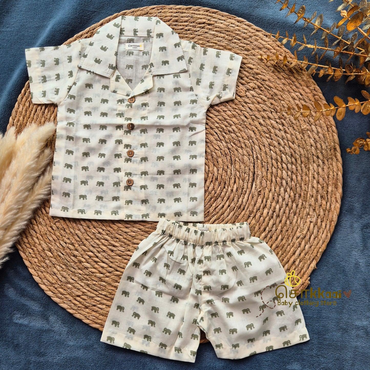 Mini Green Elephant Cotton Coord Set (0-10years) - Sokkaai