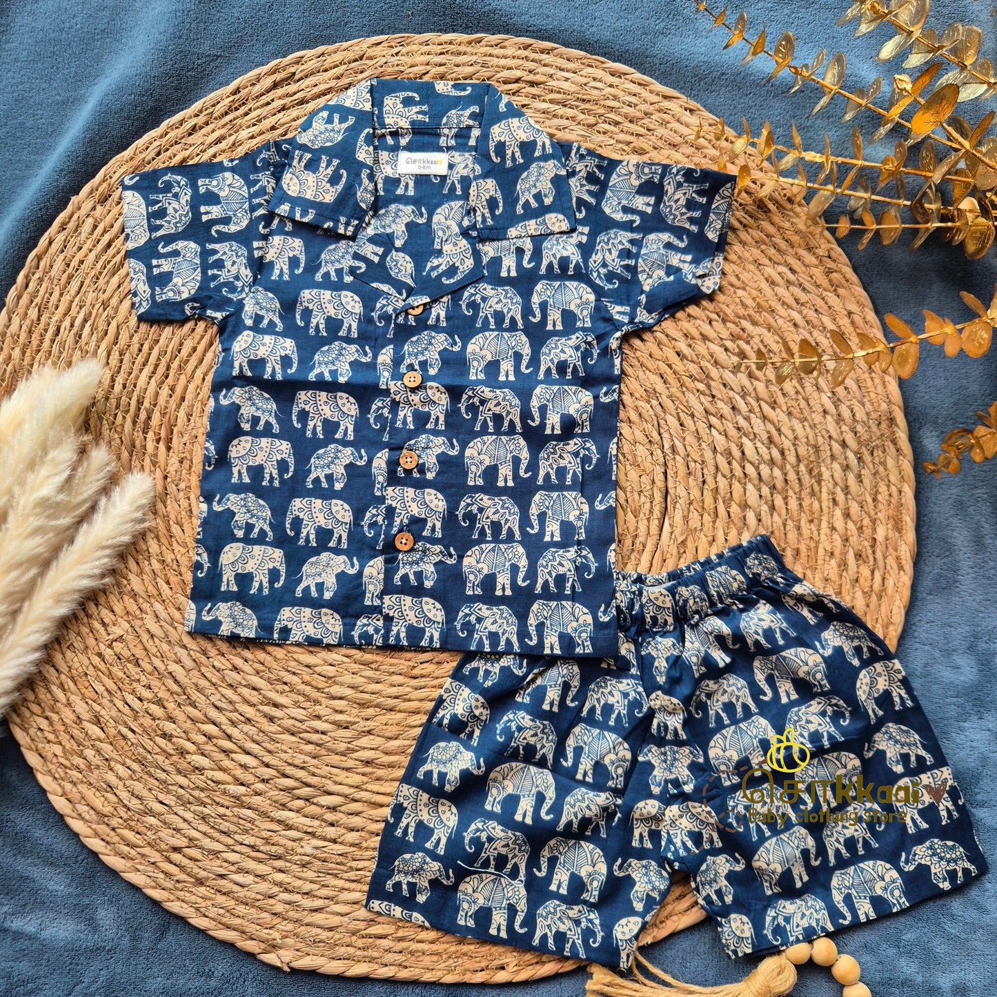 Navy Blue Elephant Parade Cotton Coord Set (0-10years) - Sokkaai
