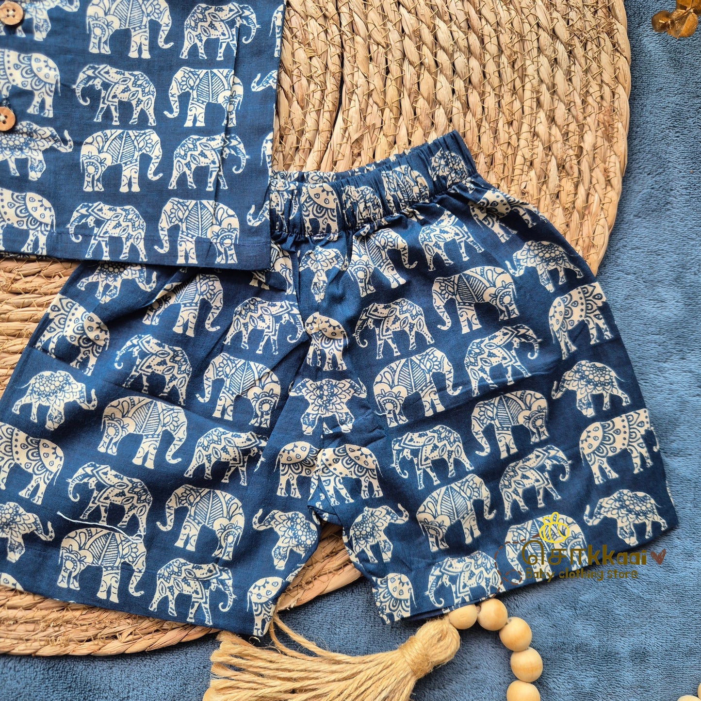 Navy Blue Elephant Parade Cotton Coord Set (0-10years) - Sokkaai