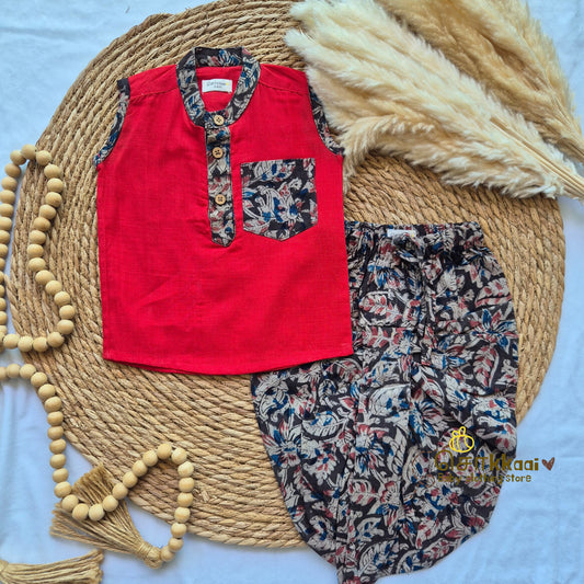 Bright Red with Rapid Kalamkari Cotton Dhoti Set (0-3yrs) - Sokkaai