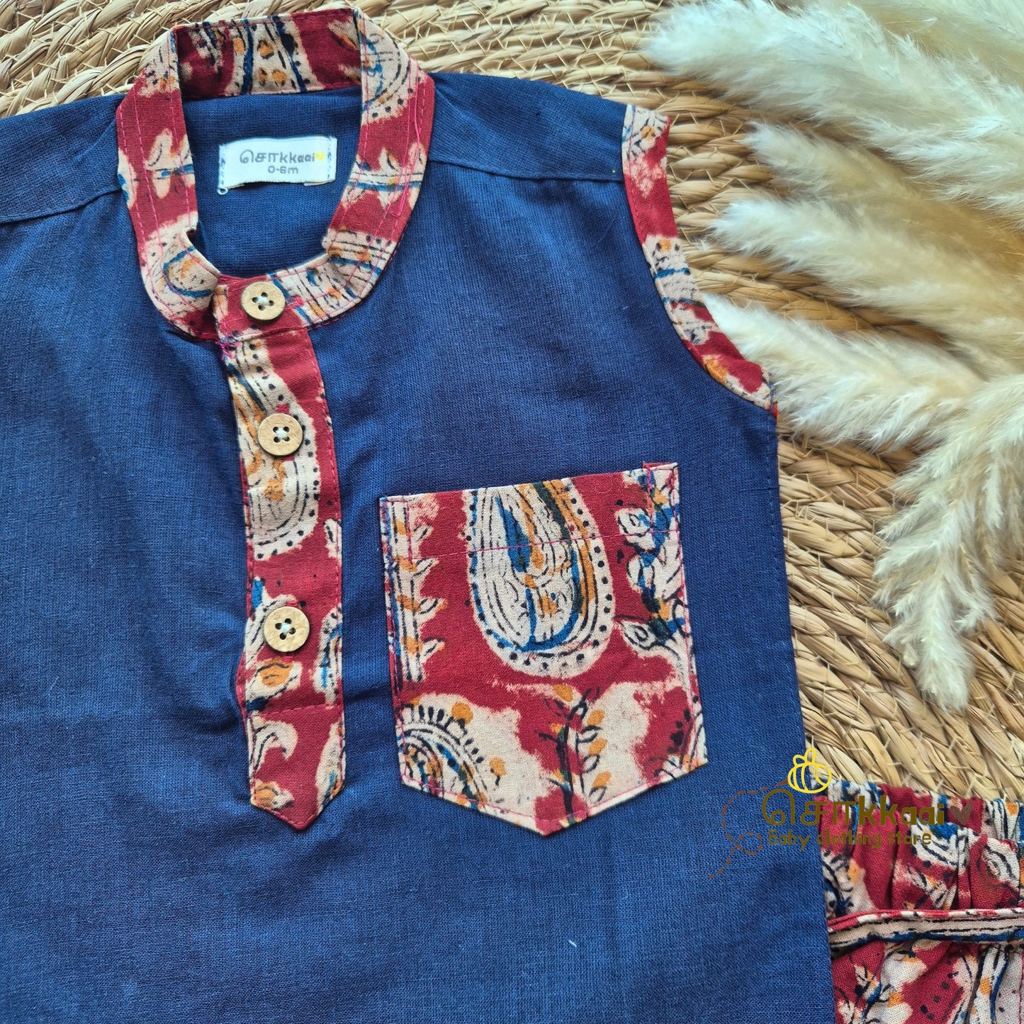 Deep Navy Blue with Rapid Kalamkari Cotton Dhoti Set (0-3yrs) - Sokkaai