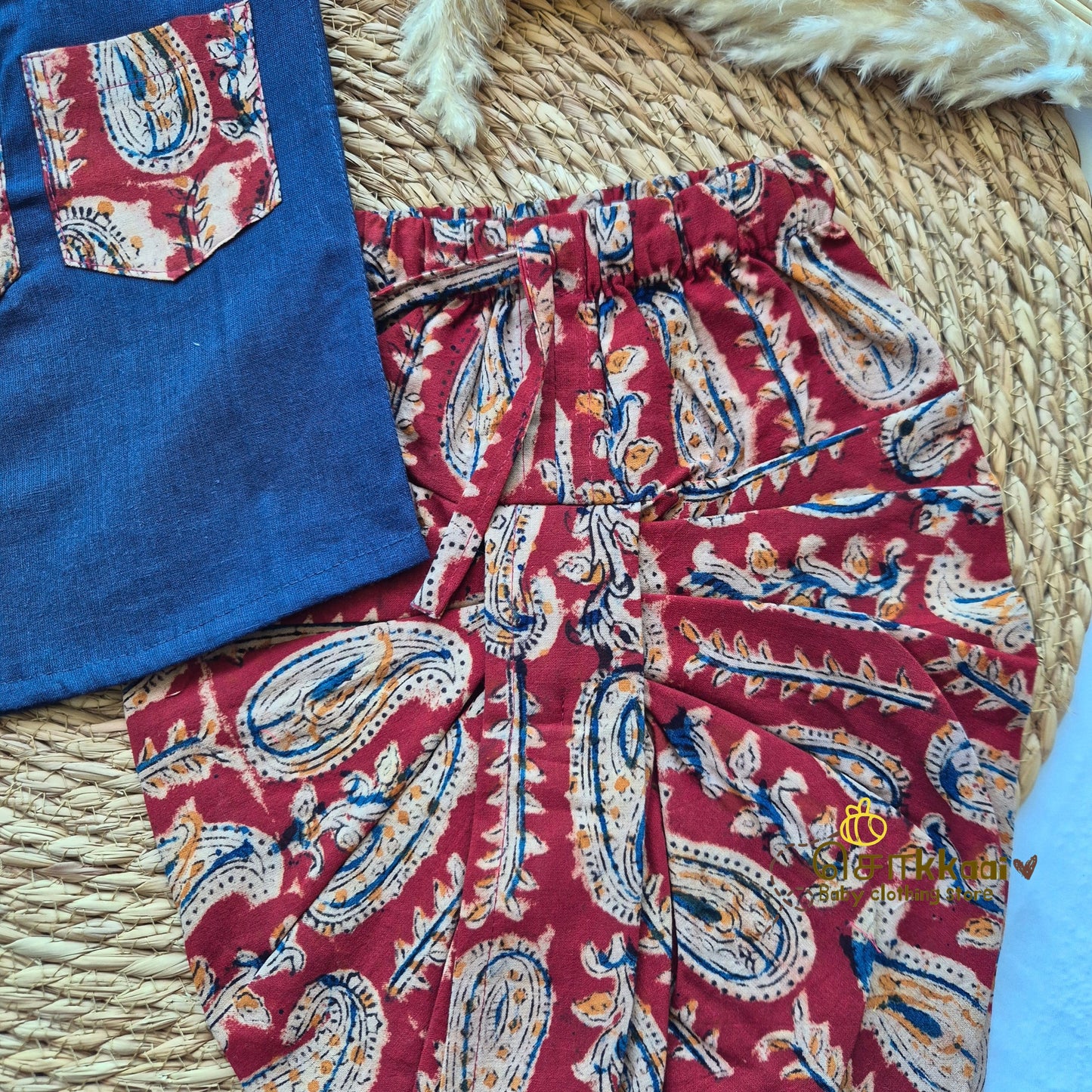 Deep Navy Blue with Rapid Kalamkari Cotton Dhoti Set (0-3yrs) - Sokkaai