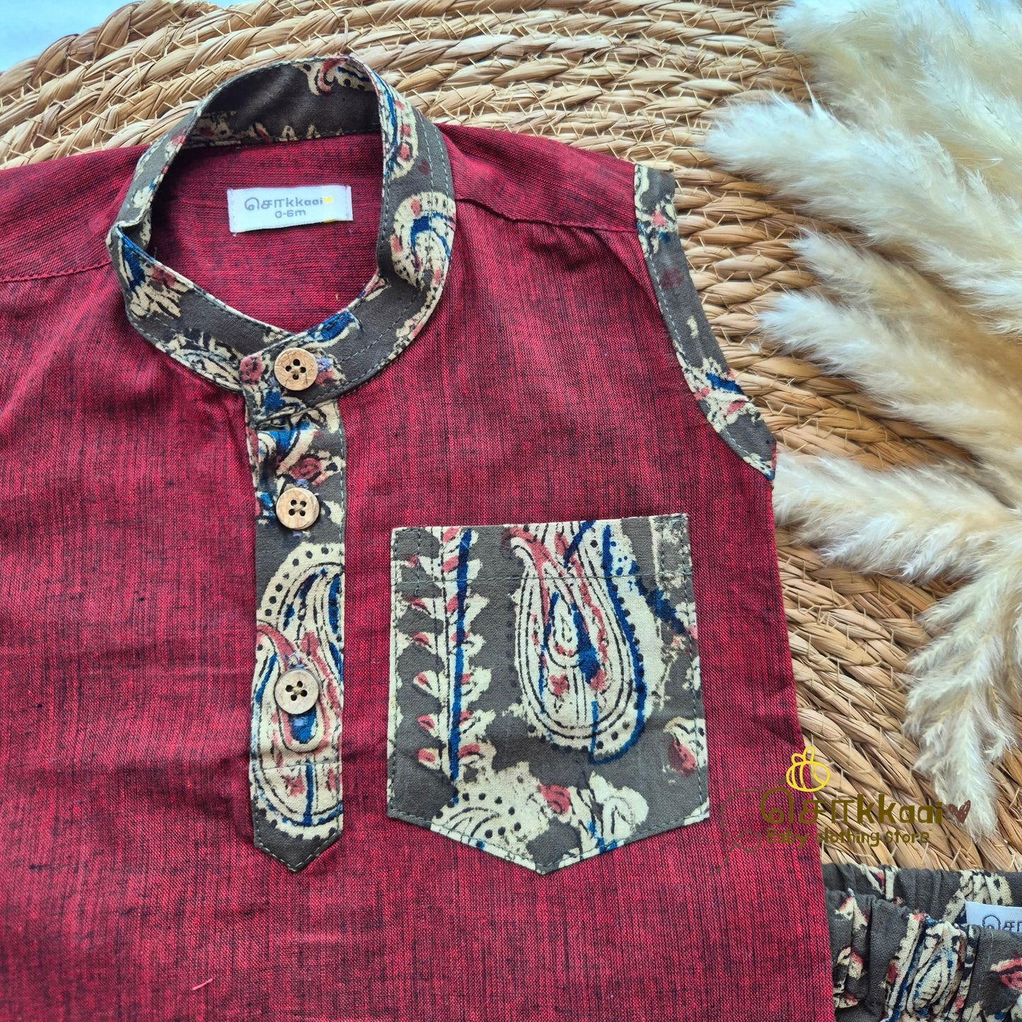 Maroon with Rapid Kalamkari Cotton Dhoti Set (0-3yrs) - Sokkaai