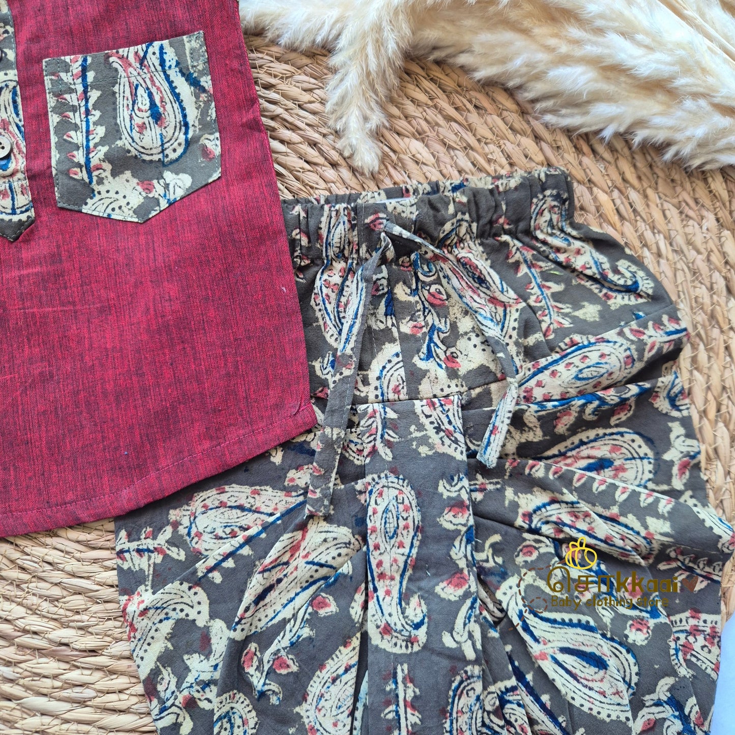 Maroon with Rapid Kalamkari Cotton Dhoti Set (0-3yrs) - Sokkaai