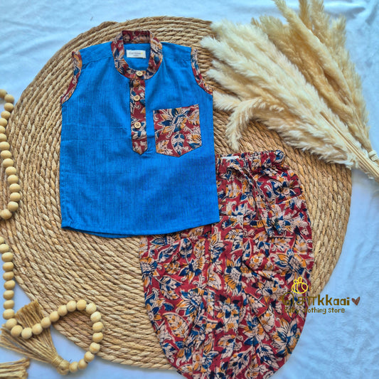 Bright Blue with Rapid Kalamkari Cotton Dhoti Set (0-3yrs) - Sokkaai