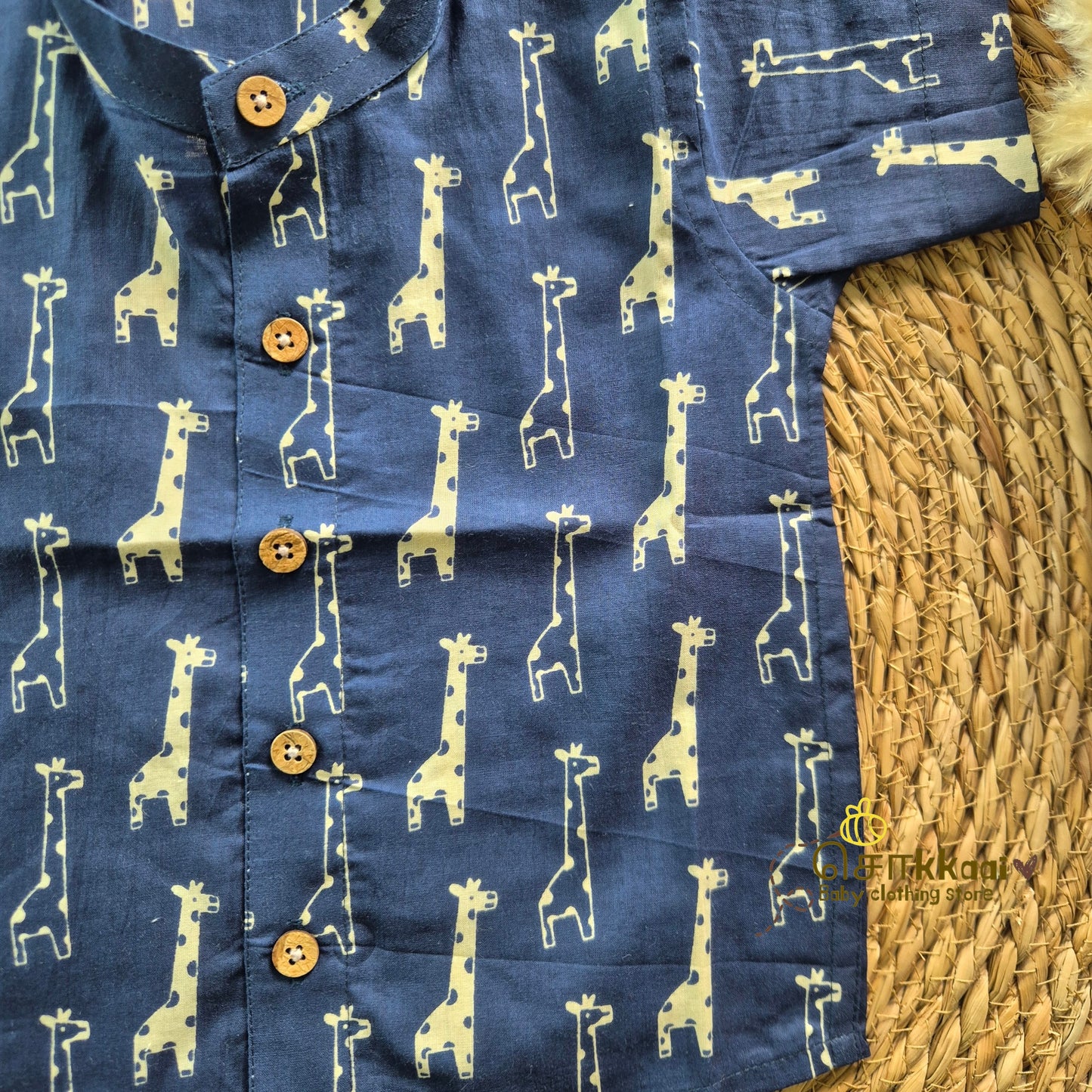 Navy Blue giraffe cambric cotton Kids Shirt (0 to 6yrs) - Sokkaai