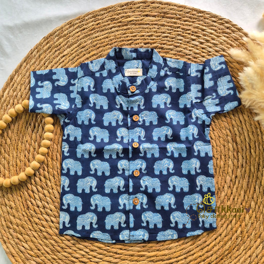 Indigo Blue Elephant cambric cotton Kids Shirt (0 to 6yrs) - Sokkaai