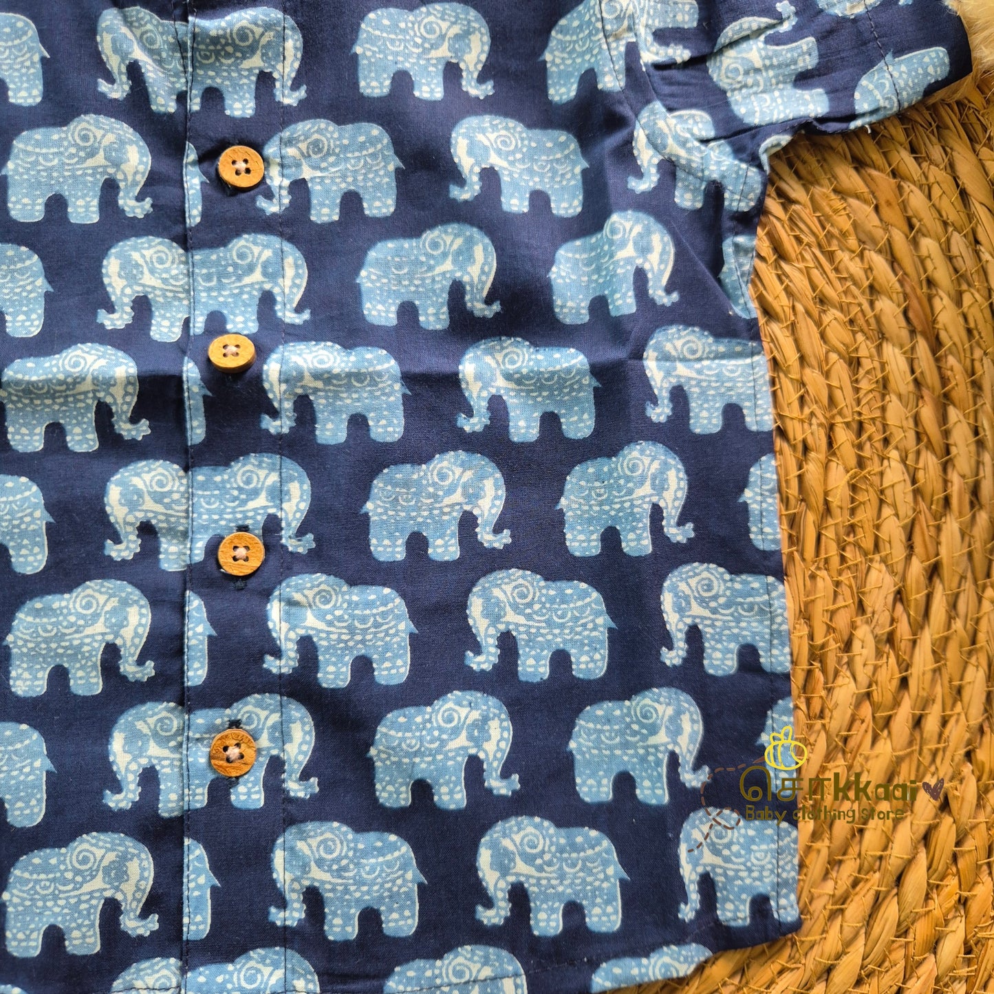 Indigo Blue Elephant cambric cotton Kids Shirt (0 to 6yrs) - Sokkaai