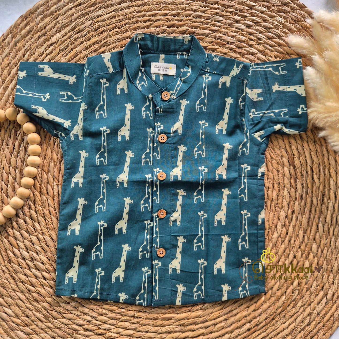 Peacock Blue Giraffe cambric cotton Kids Shirt (0 to 6yrs) - Sokkaai