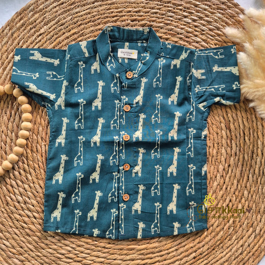 Peacock Blue Giraffe cambric cotton Kids Shirt (0 to 6yrs) - Sokkaai