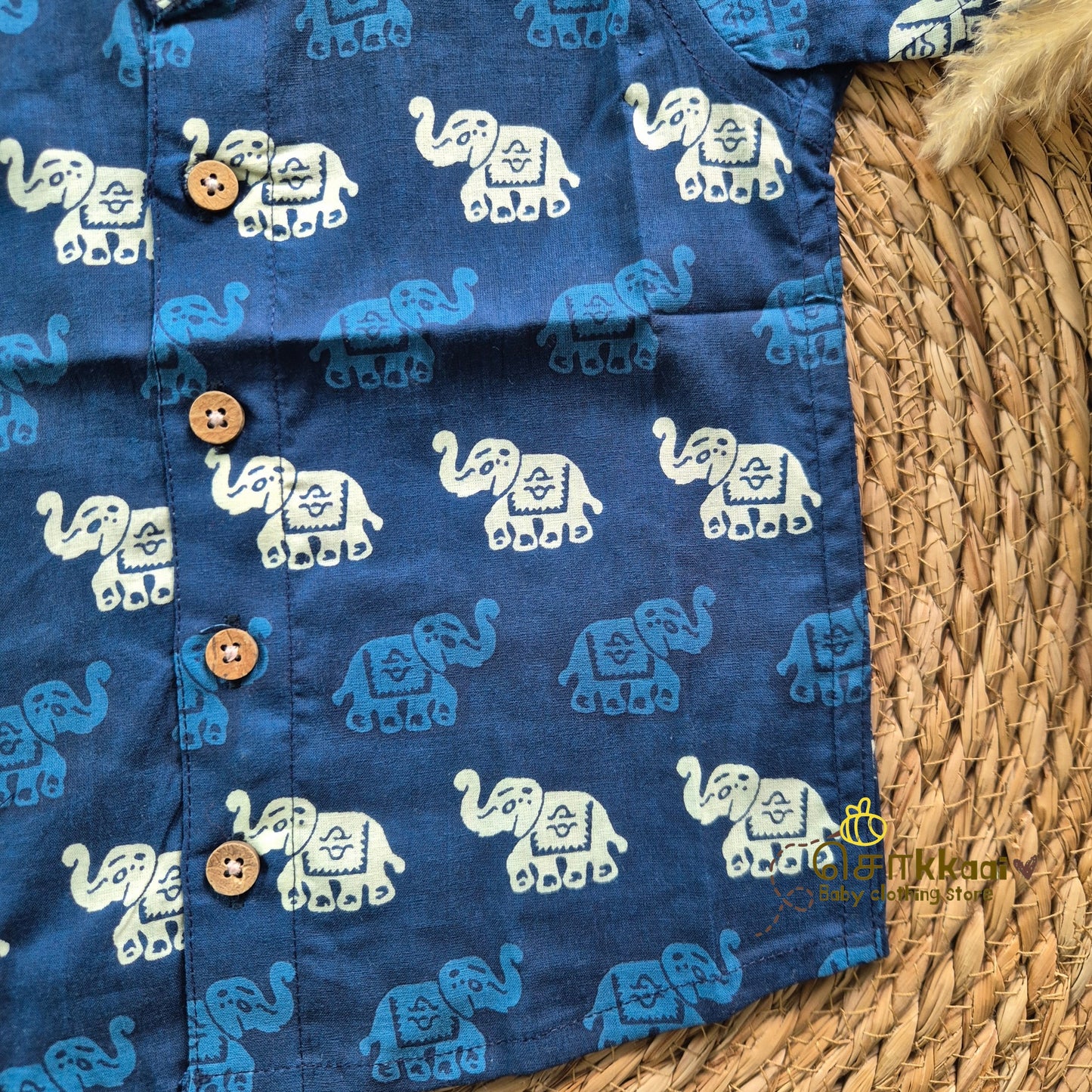 Indigo Blue Dual Elephant cambric cotton Kids Shirt (0 to 6yrs) - Sokkaai