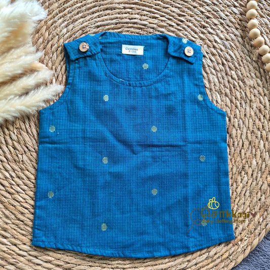 Peacock Blue Handloom Cotton Shoulder Button top(0-3years) - Sokkaai