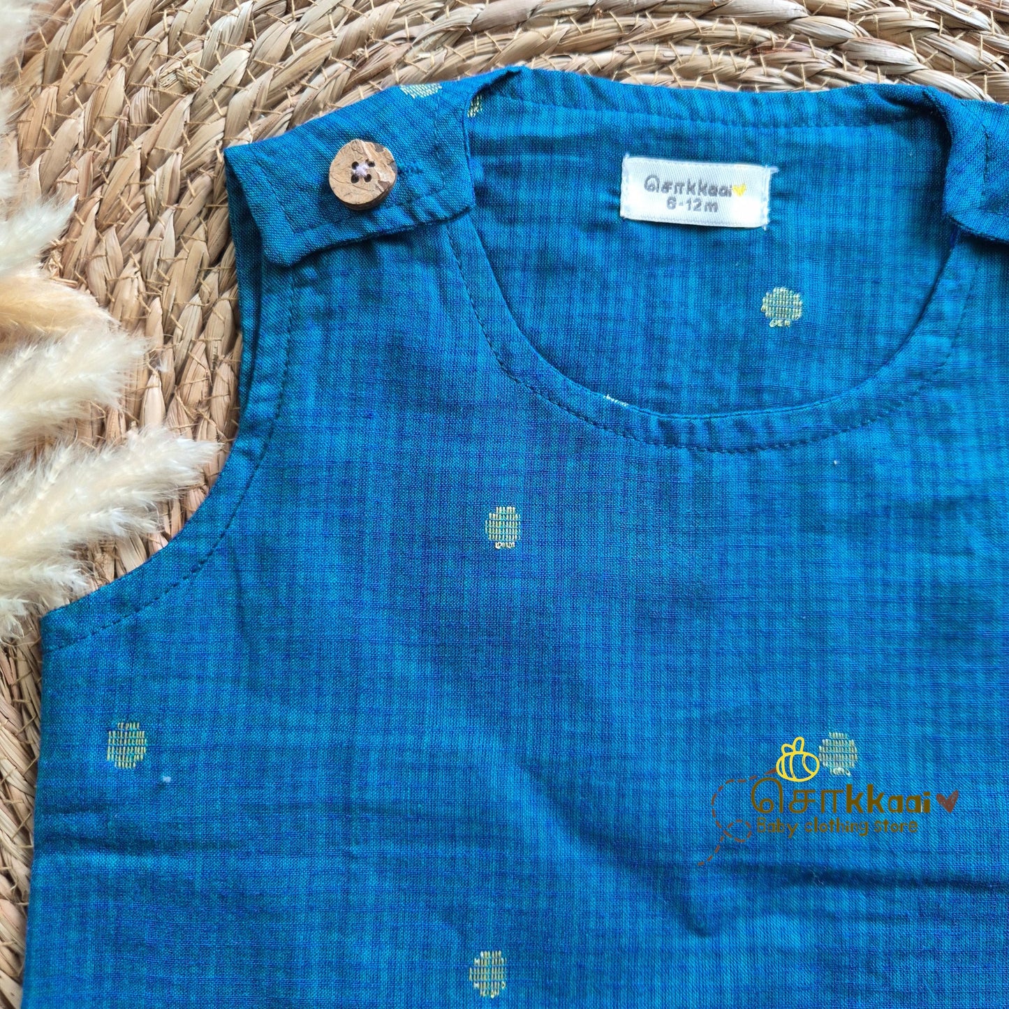 Peacock Blue Handloom Cotton Shoulder Button top(0-3years) - Sokkaai