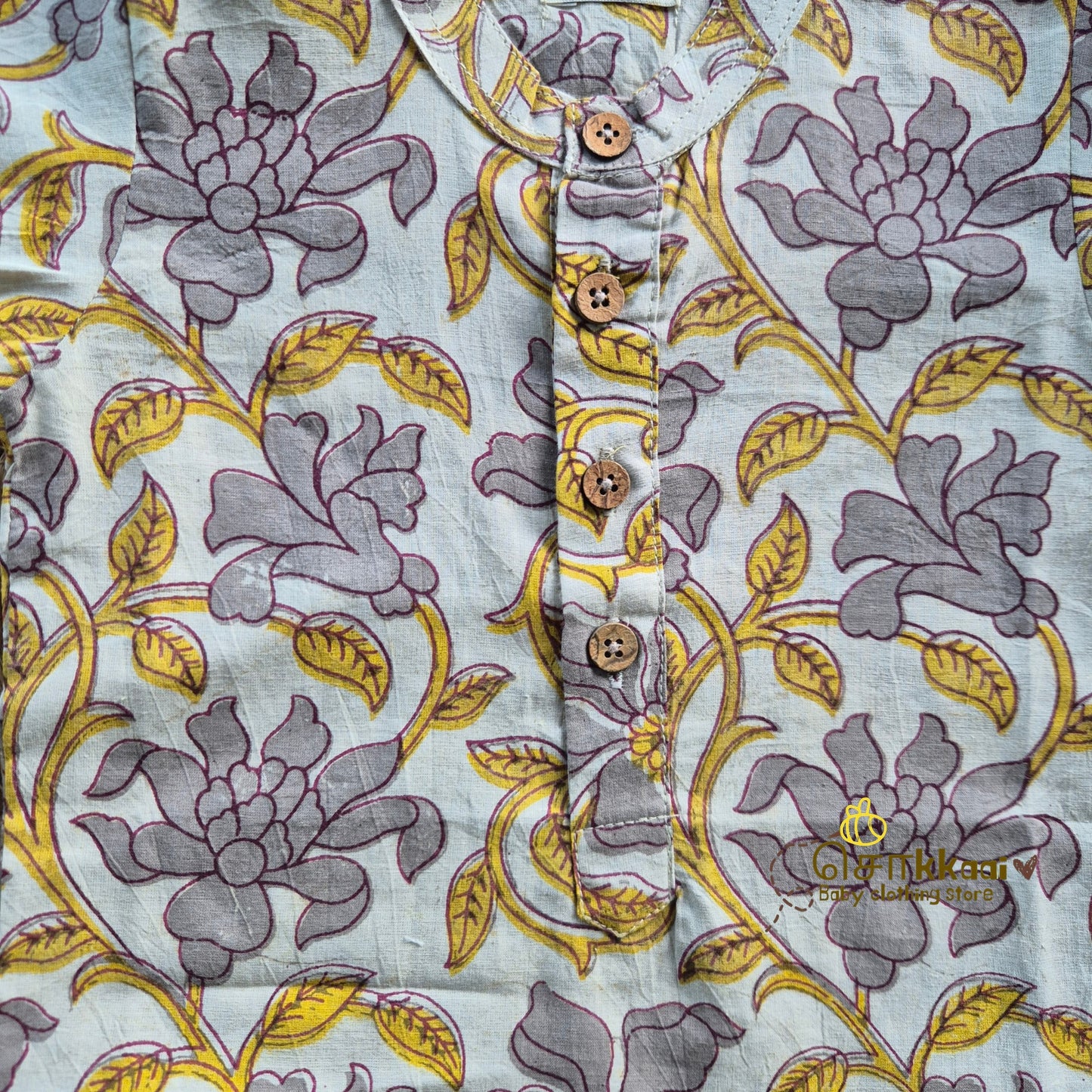 Gray Wild Bloom Natural Dyed Cotton Short Kurta (6m-6years) - Sokkaai