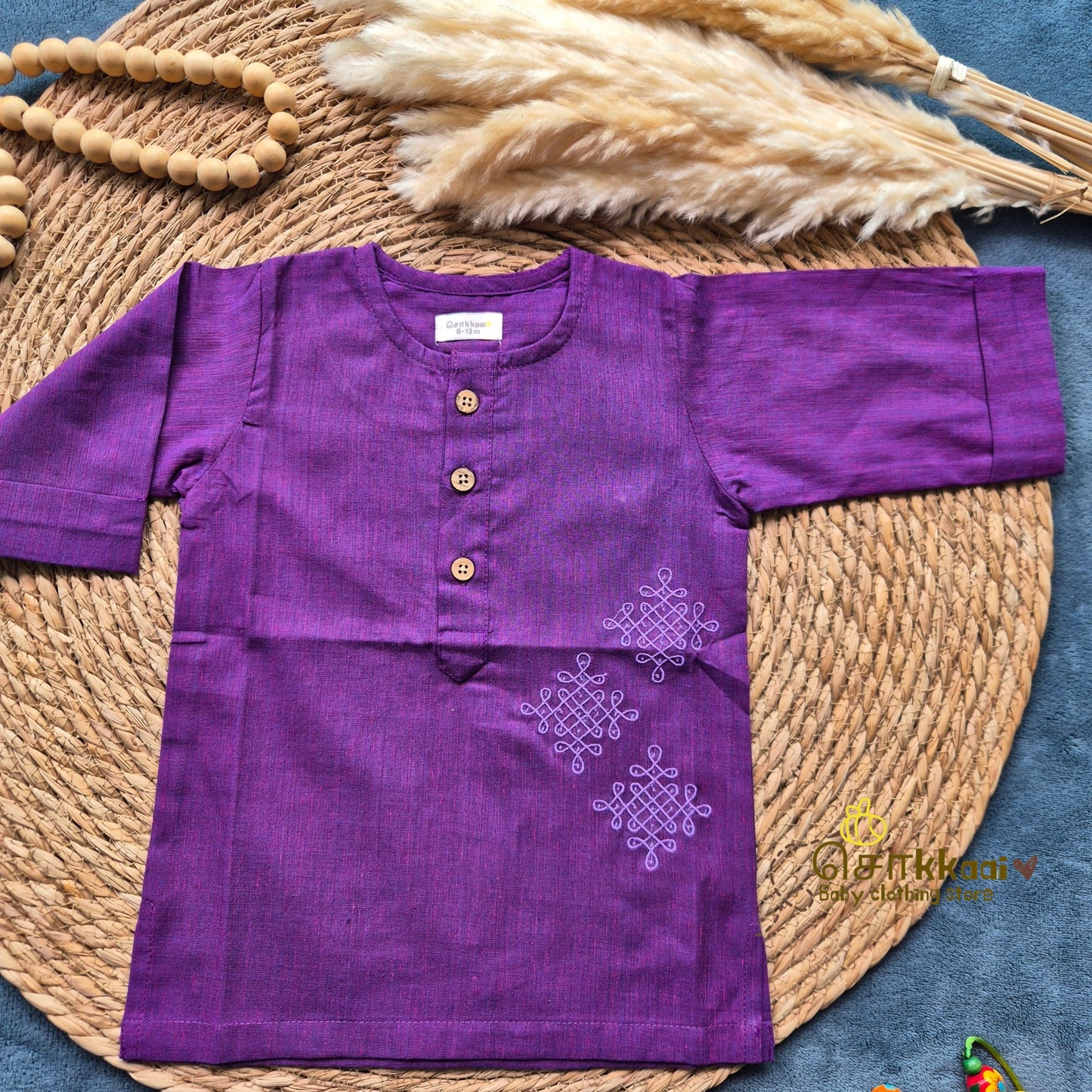 Royal Purple Mangalgiri Mid length kurta with elbow sleeve (0-8years) - Sokkaai
