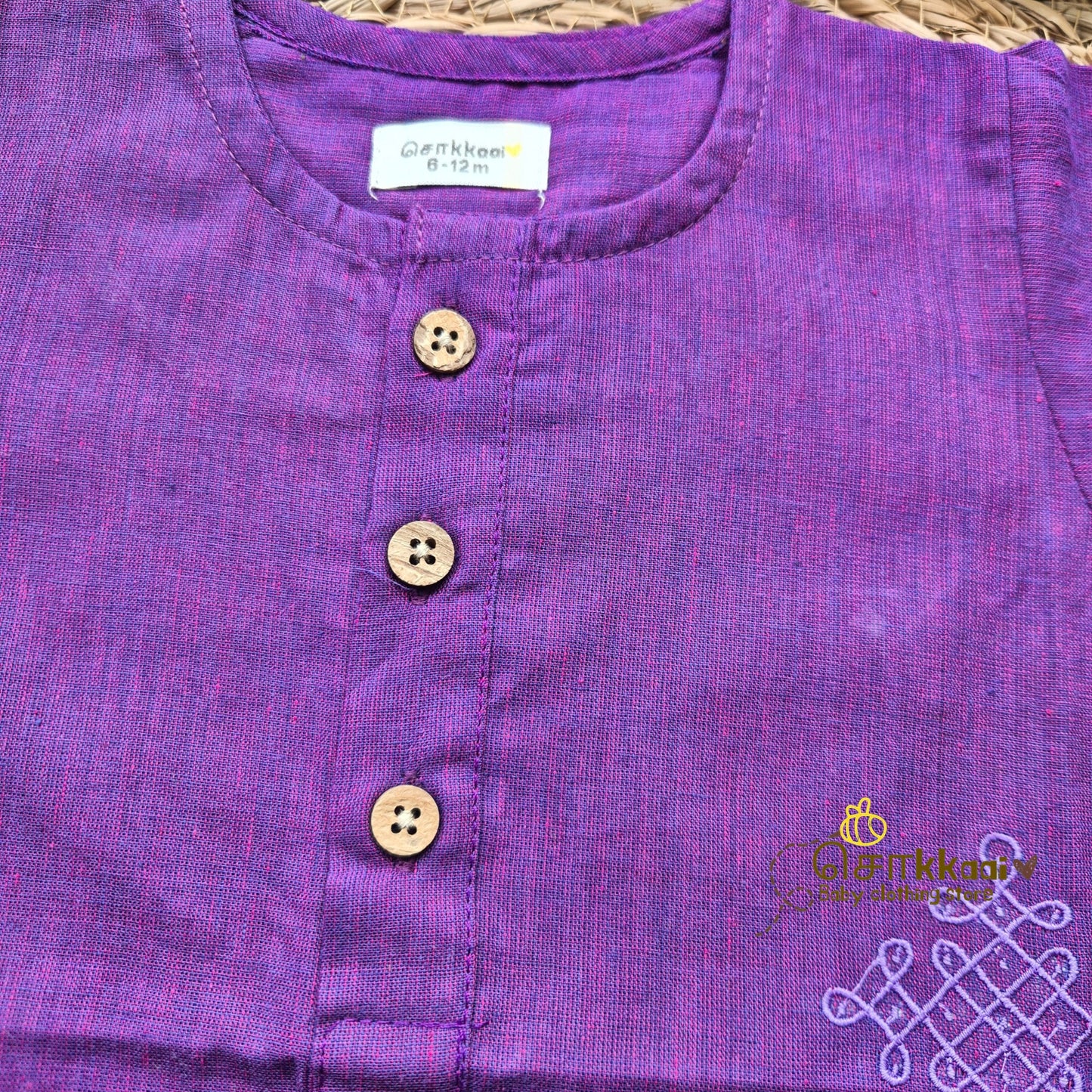 Royal Purple Mangalgiri Mid length kurta with elbow sleeve (0-8years) - Sokkaai