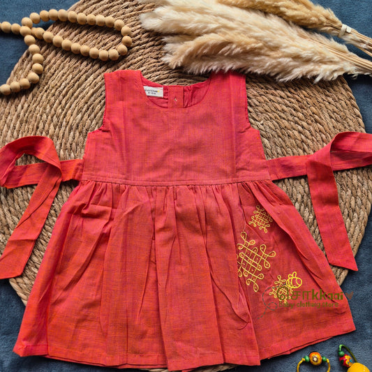 Coral Pink Dual Shade Mangalgiri Cotton Girl Frock (0-5years) - Sokkaai