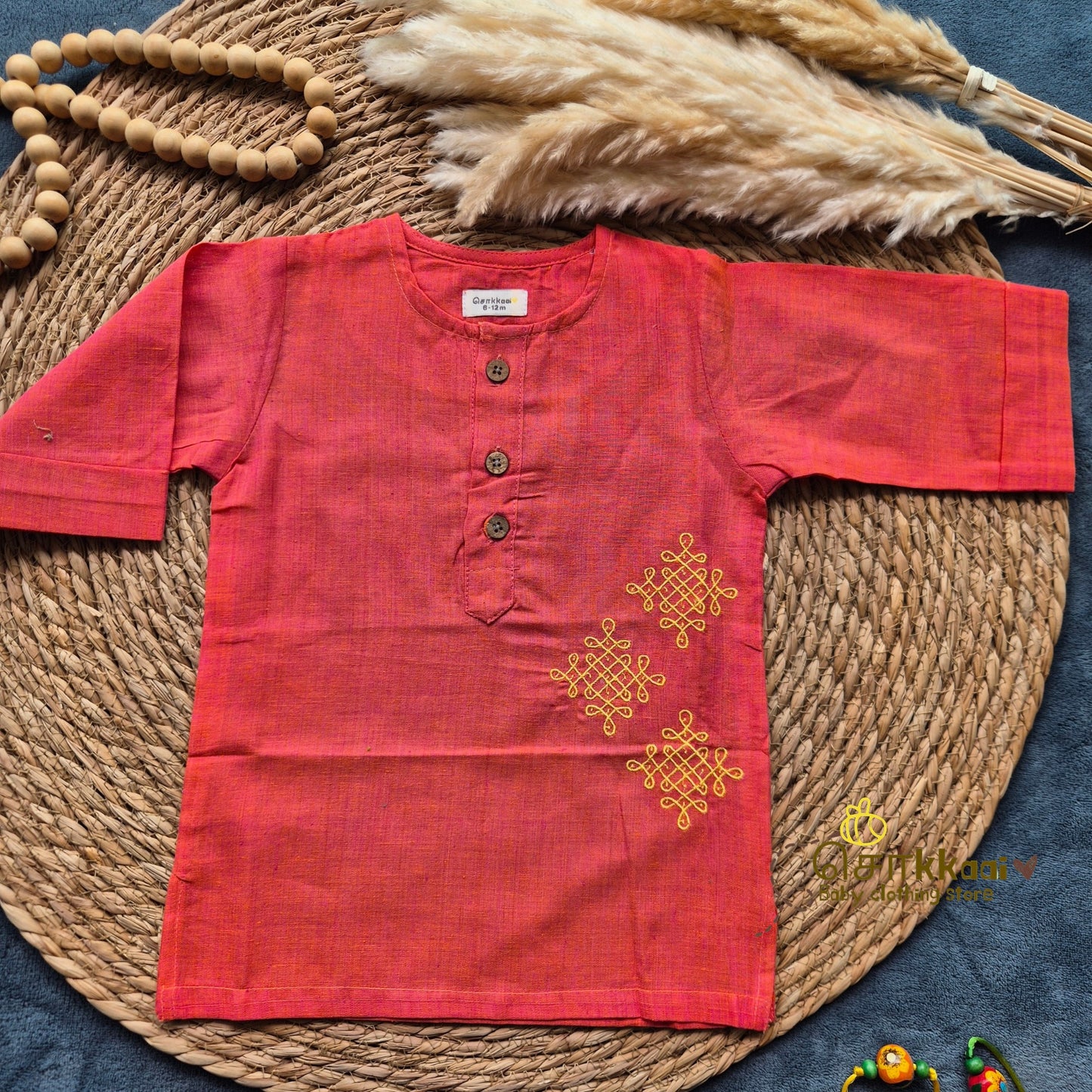 Coral Pink Dual Shade Mangalgiri Mid length kurta with elbow sleeve (0-8years) - Sokkaai