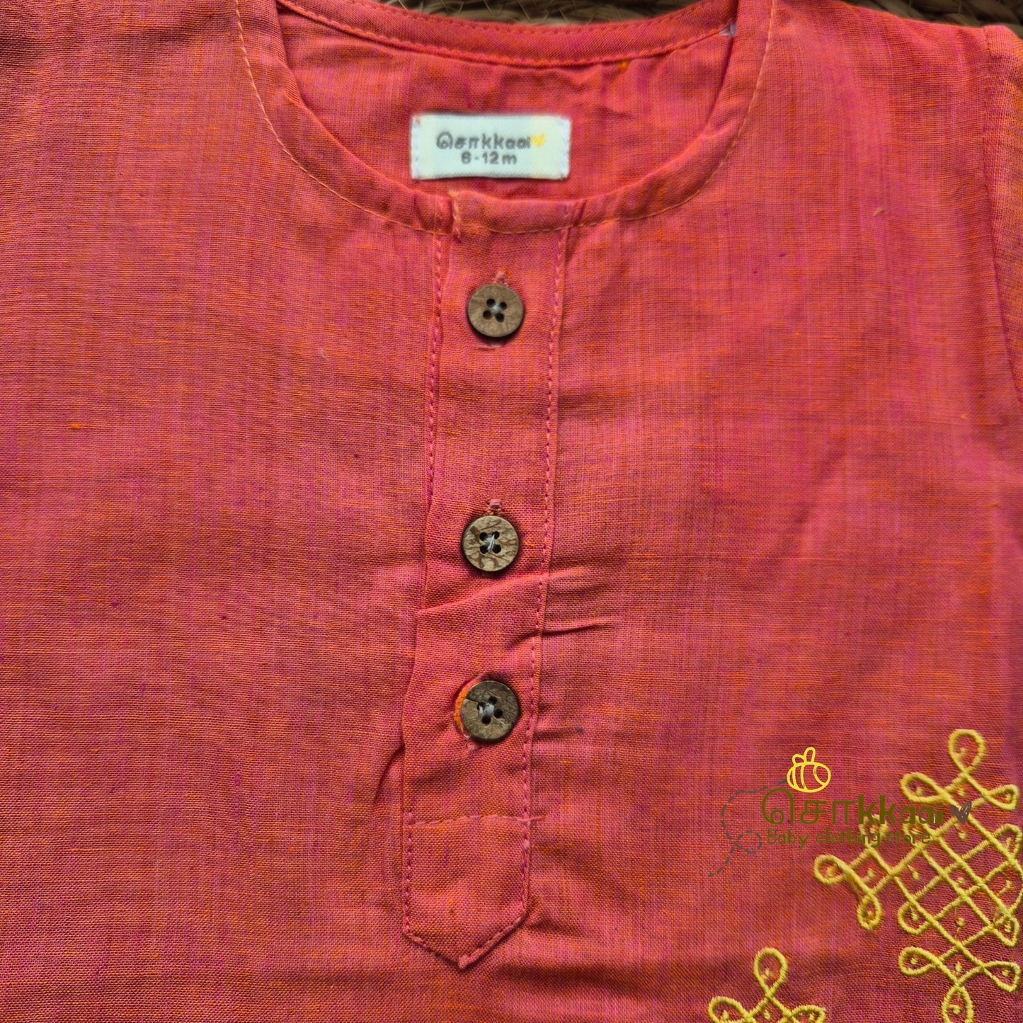 Coral Pink Dual Shade Mangalgiri Mid length kurta with elbow sleeve (0-8years) - Sokkaai